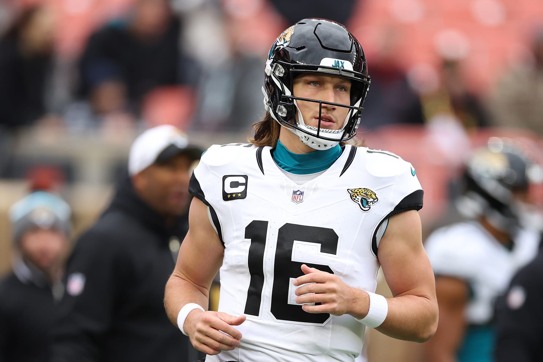 CLEVELAND, OHIO - DECEMBER 10: Trevor Lawrence #16 of the Jacksonville Jaguars warms up before the game against the Cleveland Browns at Cleveland Browns Stadium on December 10, 2023 in Cleveland, Ohio. (Photo by Gregory Shamus/Getty Images)