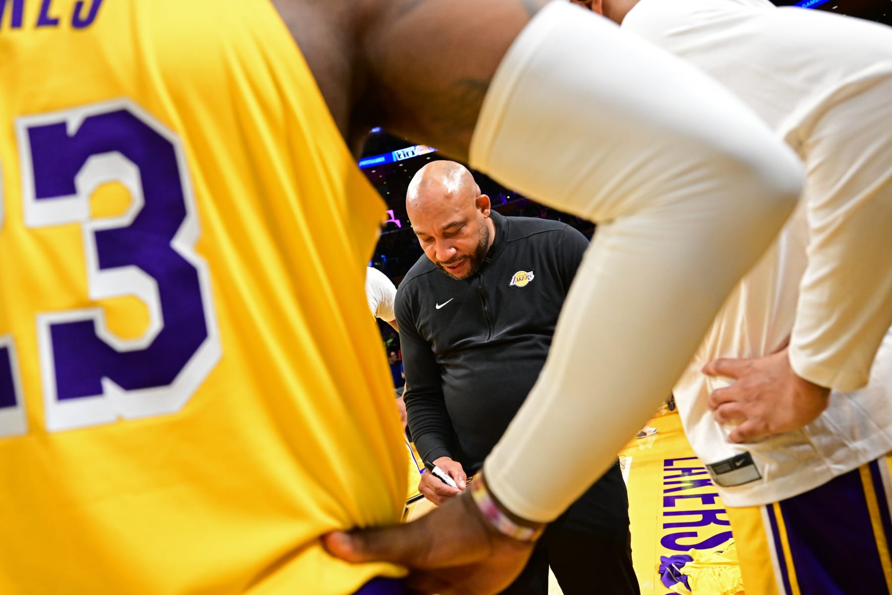 LOS ANGELES, CA - JANUARY 3: Head Coach Darvin Ham of the Los Angeles Lakers looks on during the game against the Miami Heat on January 3, 2024 at Crypto.Com Arena in Los Angeles, California. NOTE TO USER: User expressly acknowledges and agrees that, by downloading and/or using this Photograph, user is consenting to the terms and conditions of the Getty Images License Agreement. Mandatory Copyright Notice: Copyright 2024 NBAE (Photo by Adam Pantozzi/NBAE via Getty Images)