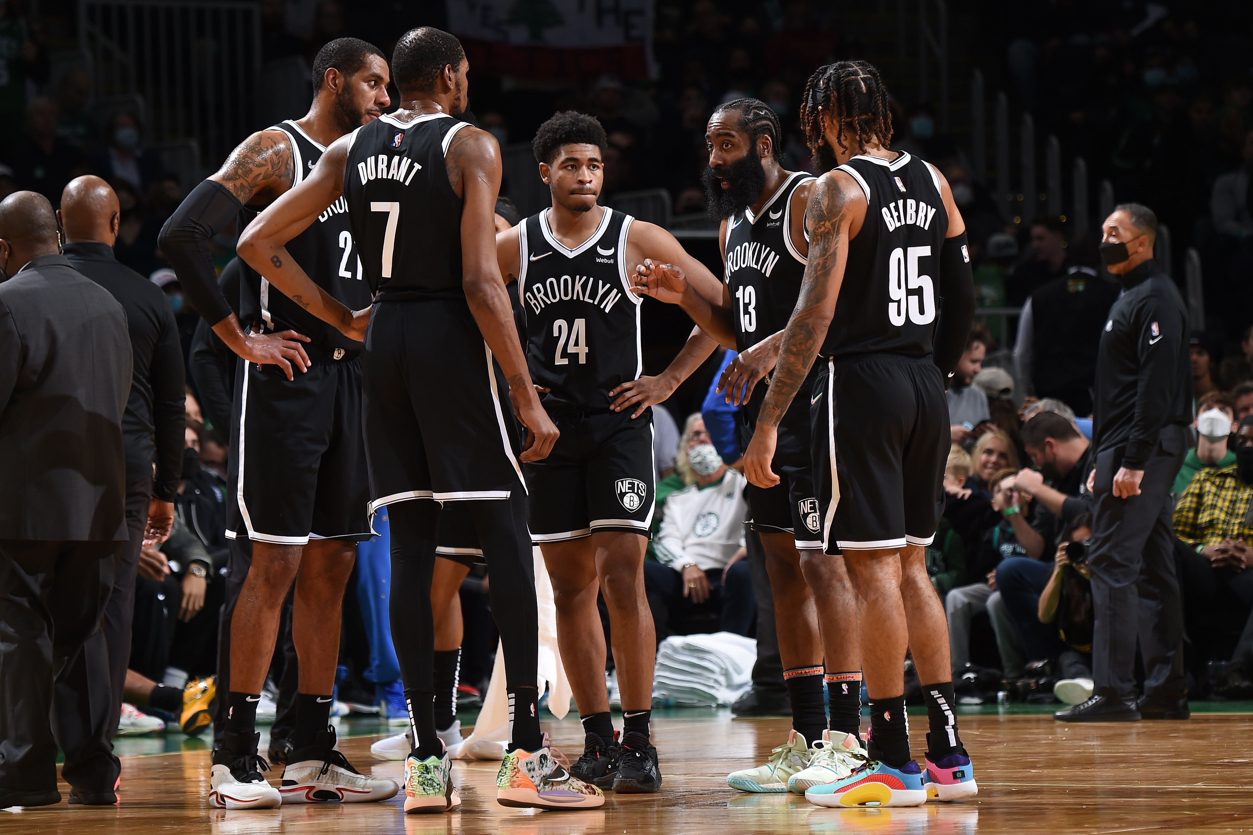 BOSTON, MA - NOVEMBER 24: The Brooklyn Nets huddle up during the game against the Boston Celtics on November 24, 2021 at the TD Garden in Boston, Massachusetts.  NOTE TO USER: User expressly acknowledges and agrees that, by downloading and or using this photograph, User is consenting to the terms and conditions of the Getty Images License Agreement. Mandatory Copyright Notice: Copyright 2021 NBAE  (Photo by Brian Babineau/NBAE via Getty Images)