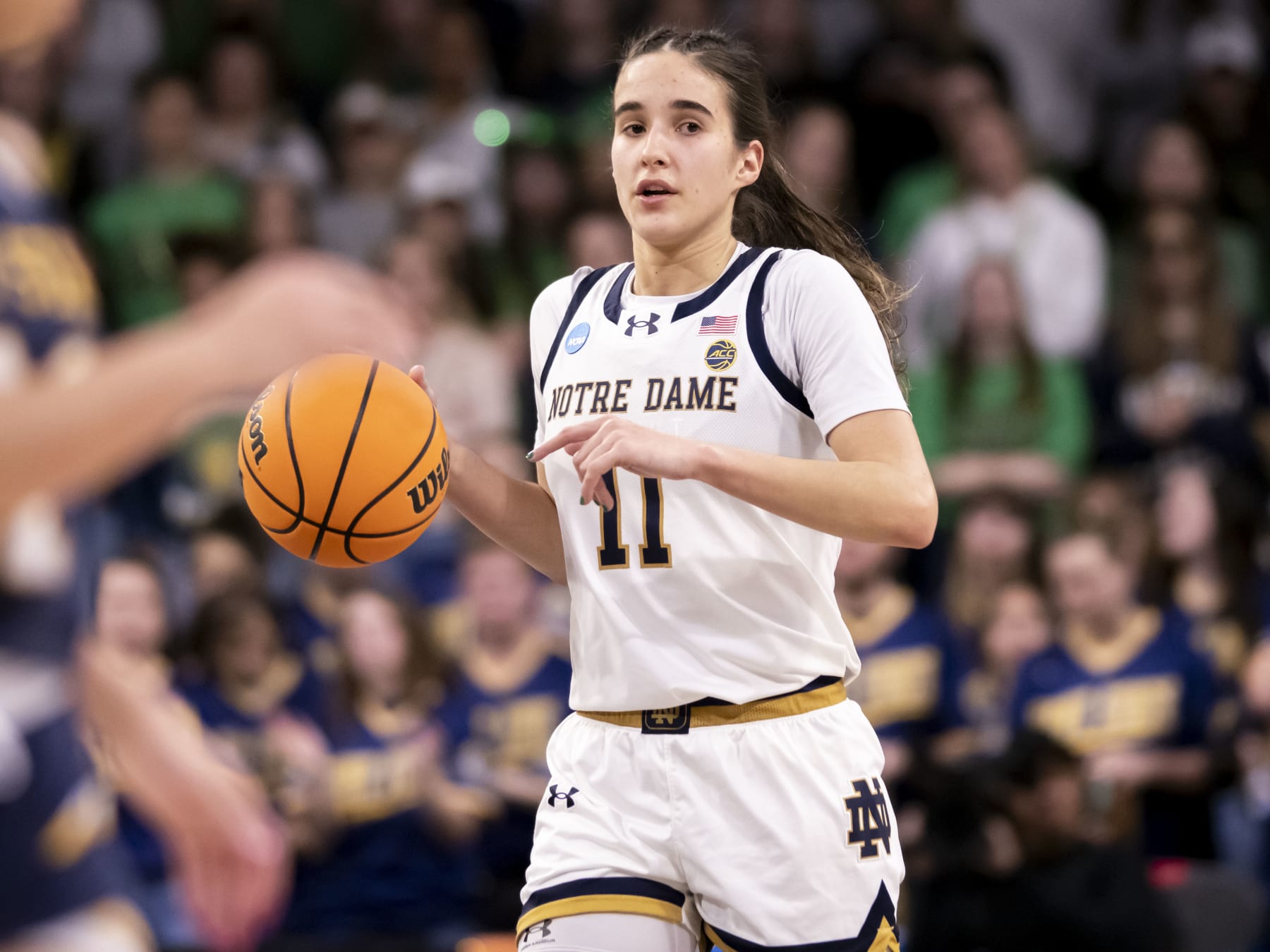 SOUTH BEND, IN - MARCH 23: Notre Dame Fighting Irish guard Sonia Citron (11) dribbles the ball down court during the game between the Kent State Golden Flashes  and the Notre Dame Fighting Irish in the first round of the NCAA Division I Women's Championship on March 23, 2024 at Purcell Pavilion in South Bend, Indiana. (Photo by Joseph Weiser/Icon Sportswire via Getty Images)