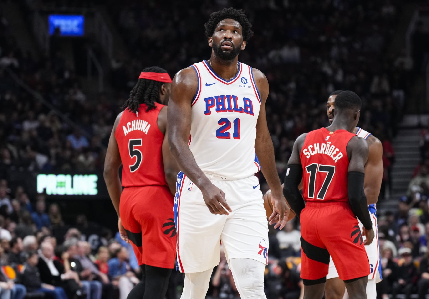 TORONTO, ON - OCTOBER 28: Joel Embiid #21 of Philadelphia 76ers looks on against the Toronto Raptors during first half of their basketball game at the Scotiabank Arena on October 28, 2023 in Toronto, Ontario, Canada. NOTE TO USER: User expressly acknowledges and agrees that, by downloading and/or using this Photograph, user is consenting to the terms and conditions of the Getty Images License Agreement. (Photo by Mark Blinch/Getty Images)