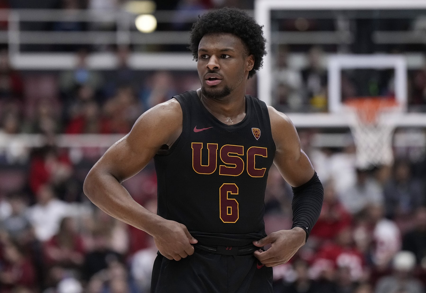 PALO ALTO, CALIFORNIA - FEBRUARY 10: Bronny James #6 of the USC Trojans looks on against the Stanford Cardinal during the second half of an NCAA basketball game at Stanford Maples Pavilion on February 10, 2024 in Palo Alto, California. (Photo by Thearon W. Henderson/Getty Images)