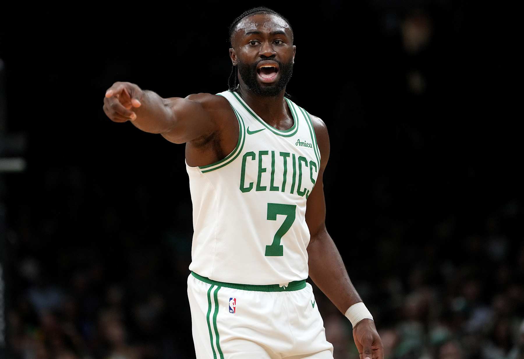 Boston, MA - October 12: Boston Celtics SG Jaylen Brown points something out in the first quarter. (Photo by Barry Chin/The Boston Globe via Getty Images)
