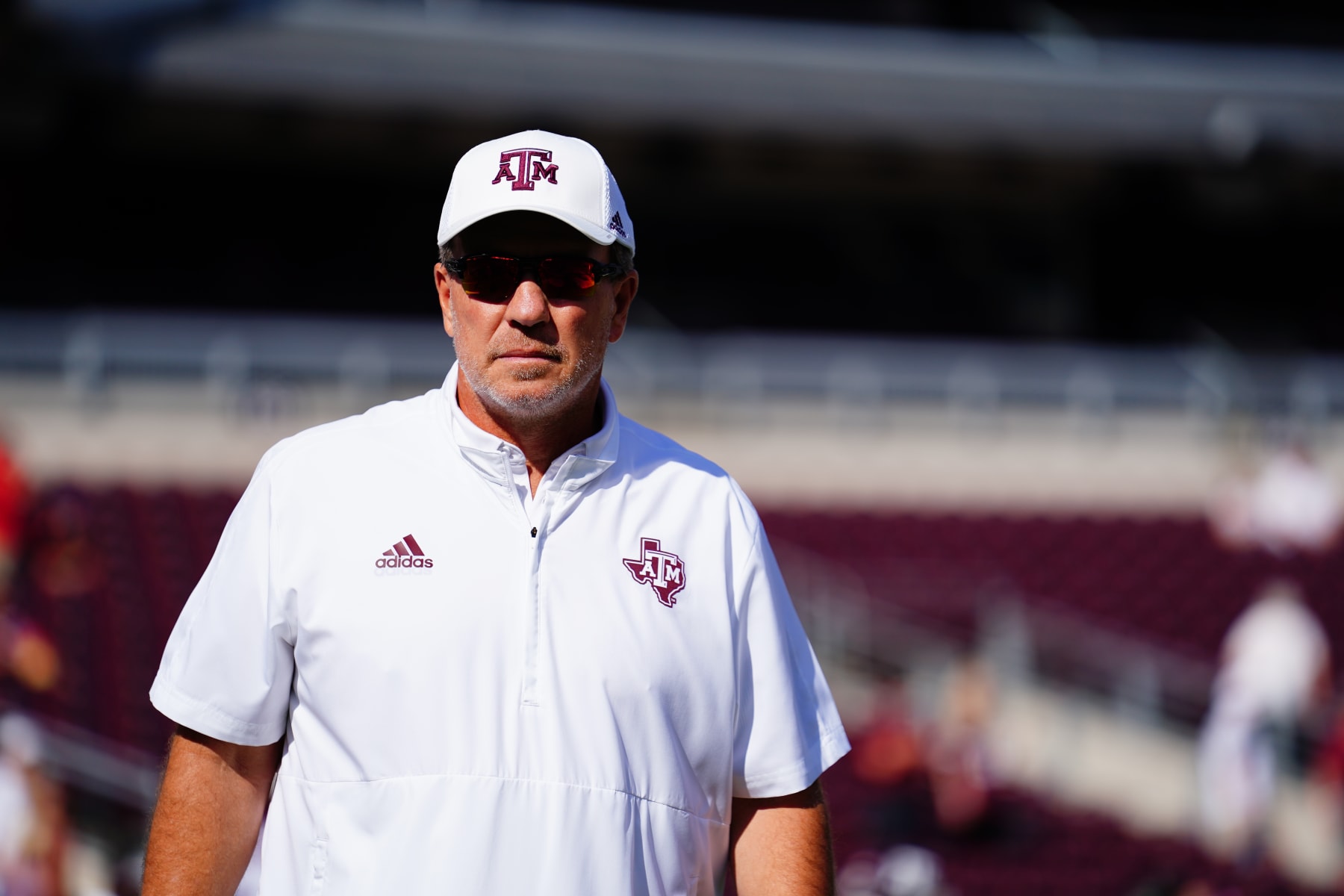 COLLEGE STATION, TX - SEPTEMBER 18: Head coach Jimbo Fisher of the Texas A&M Aggies pregame before the game against New Mexico Lobos at Kyle Field on September 18, 2021 in College Station, Texas. (Photo by Alex Bierens de Haan/Getty Images)
