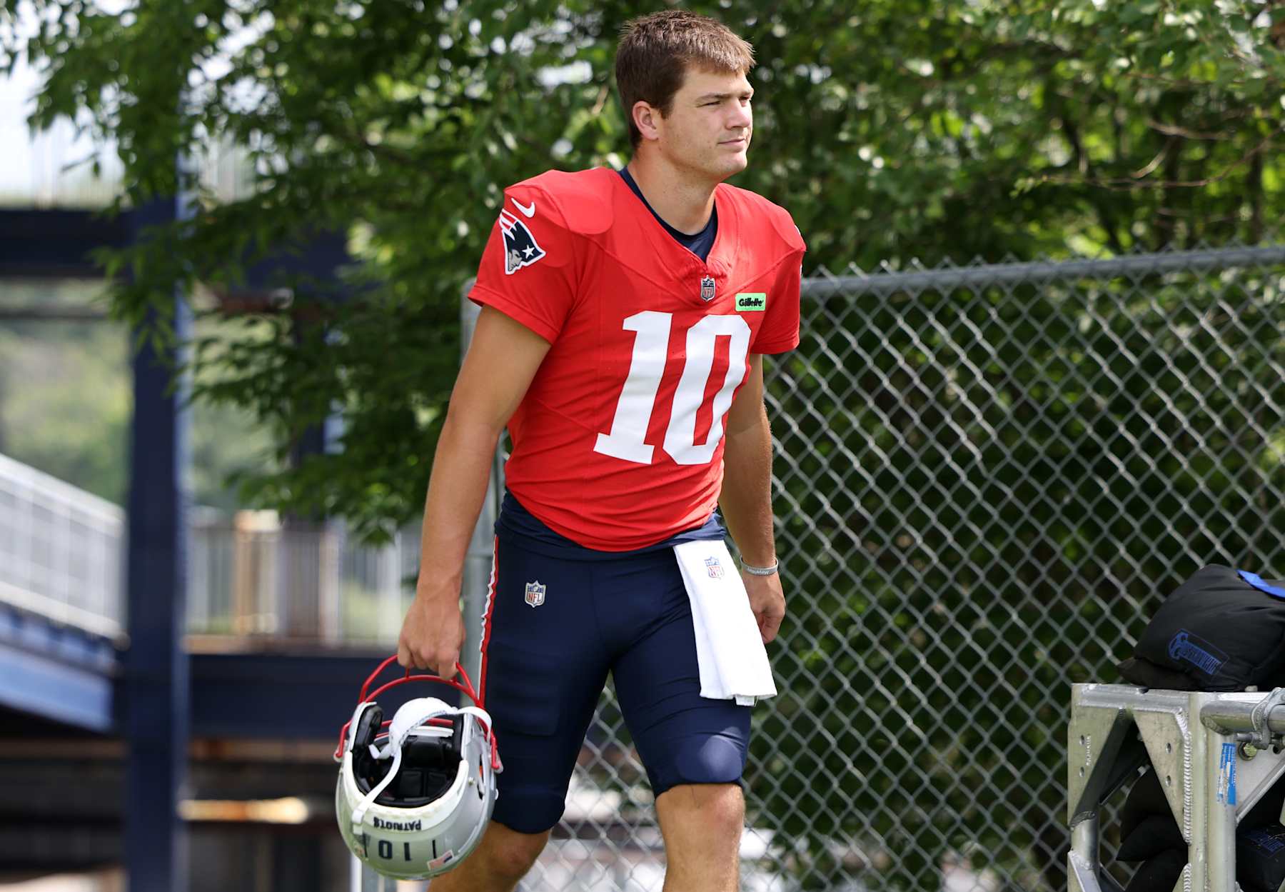 Foxborough, MA - August 19: New England Patriots QB Drake Maye arrives for Patriots practice at Gillette Stadium. (Photo by Jessica Rinaldi/The Boston Globe via Getty Images)