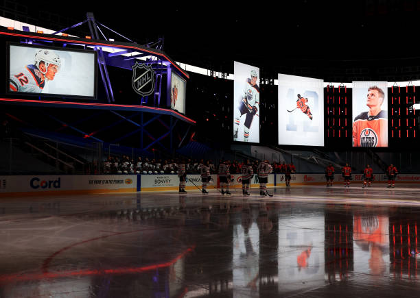 EDMONTON, ALBERTA - JULY 28:  The Edmonton Oilers hold a tribute for the late Colby Cave before the exhibition game against the Calgary Flames prior to the 2020 NHL Stanley Cup Playoffs at Rogers Place on July 28, 2020 in Edmonton, Alberta. (Photo by Dave Sandford/NHLI via Getty Images)