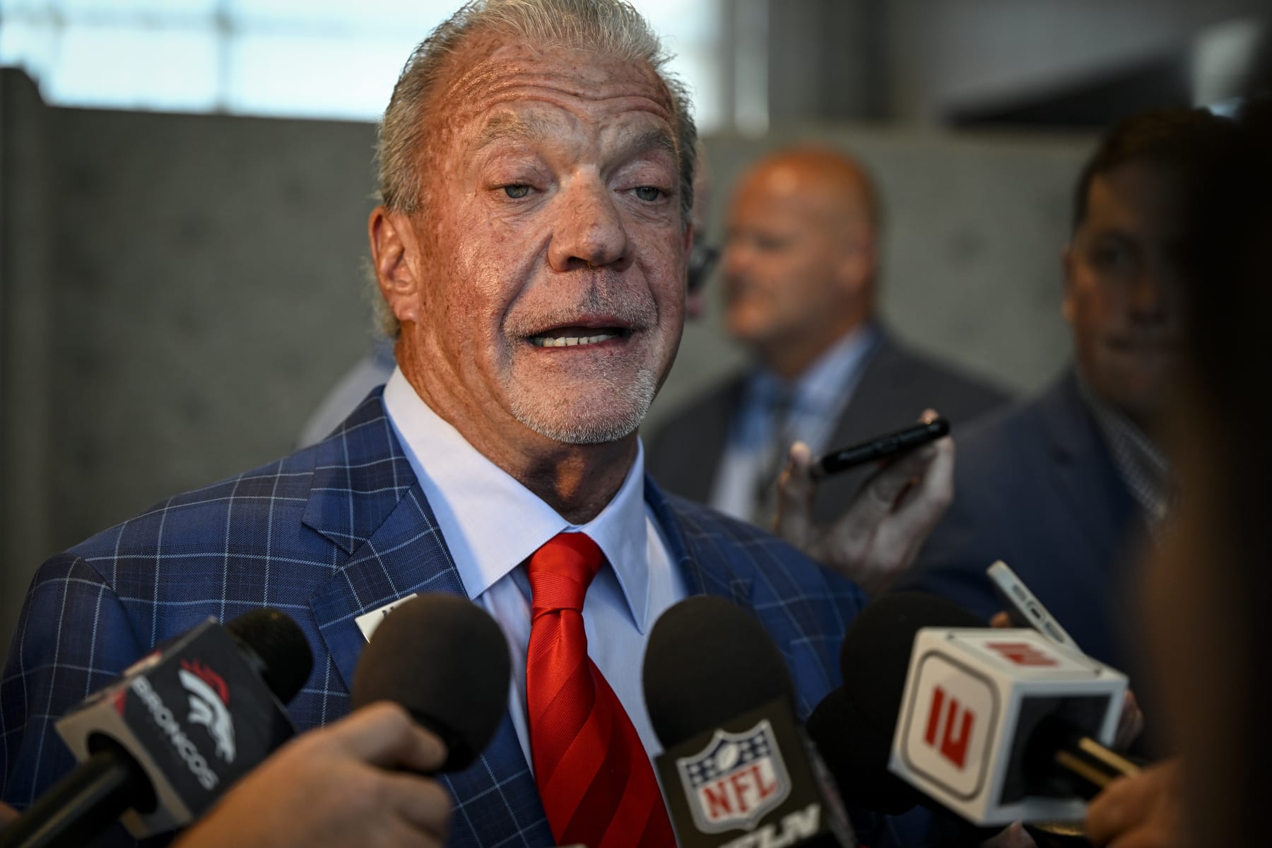 BLOOMINGTON, MN - AUGUST 9: Indianapolis Colts owner Jim Irsay speaks during an NFL special league meeting at the JW Marriot in Bloomington on Tuesday, August 9, 2022. The Walton-Penner group was unanimously approved by fellow owners to assume ownership of the Denver Broncos. (Photo by AAron Ontiveroz/MediaNews Group/The Denver Post via Getty Images)