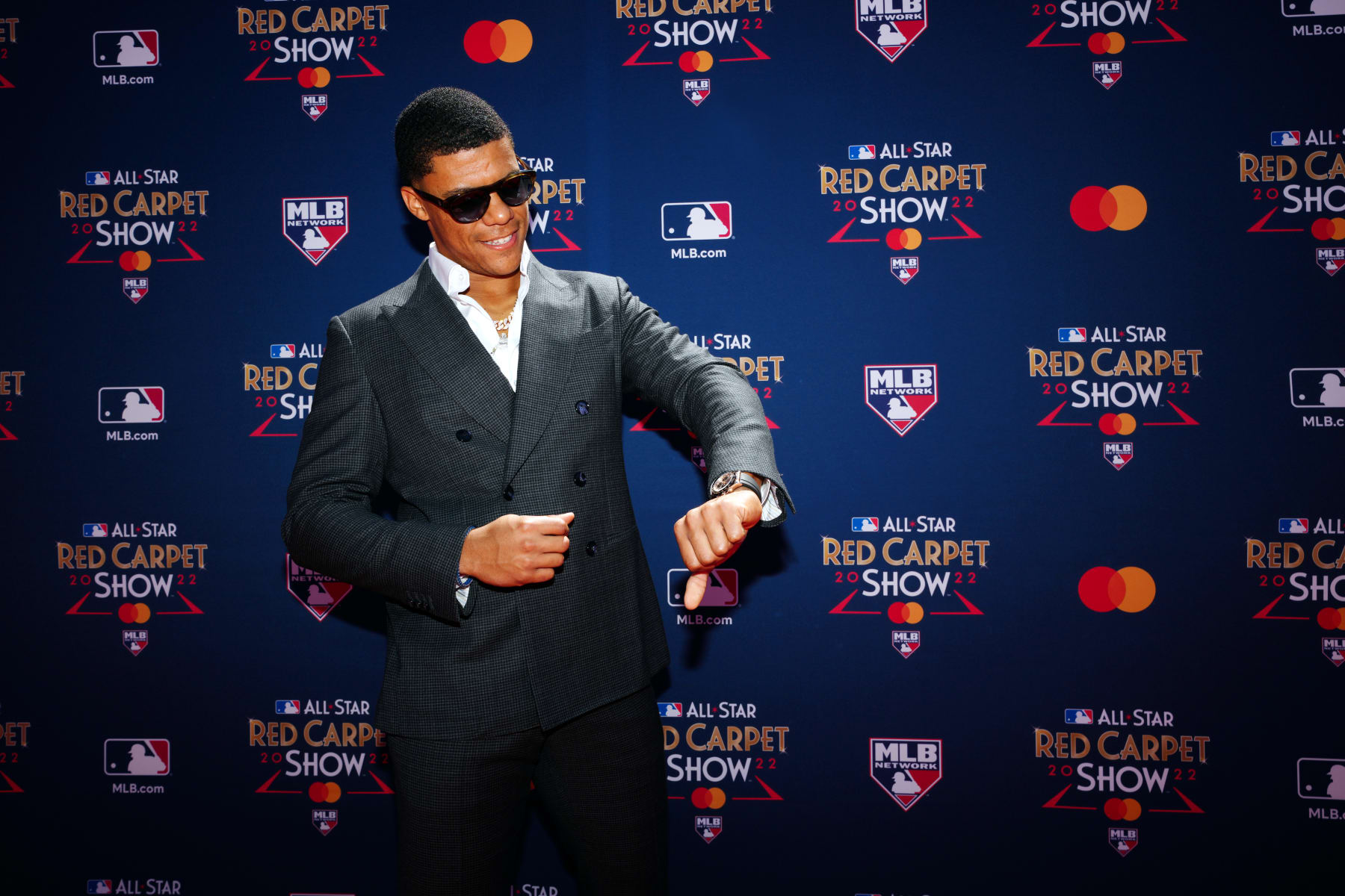 LOS ANGELES, CA - JULY 19:  Juan Soto of the Washington Nationals poses for a photo during the All-Star Red Carpet Show at L.A. Live on Tuesday, July 19, 2022 in Los Angeles, California. (Photo by Daniel Shirey/MLB Photos via Getty Images)