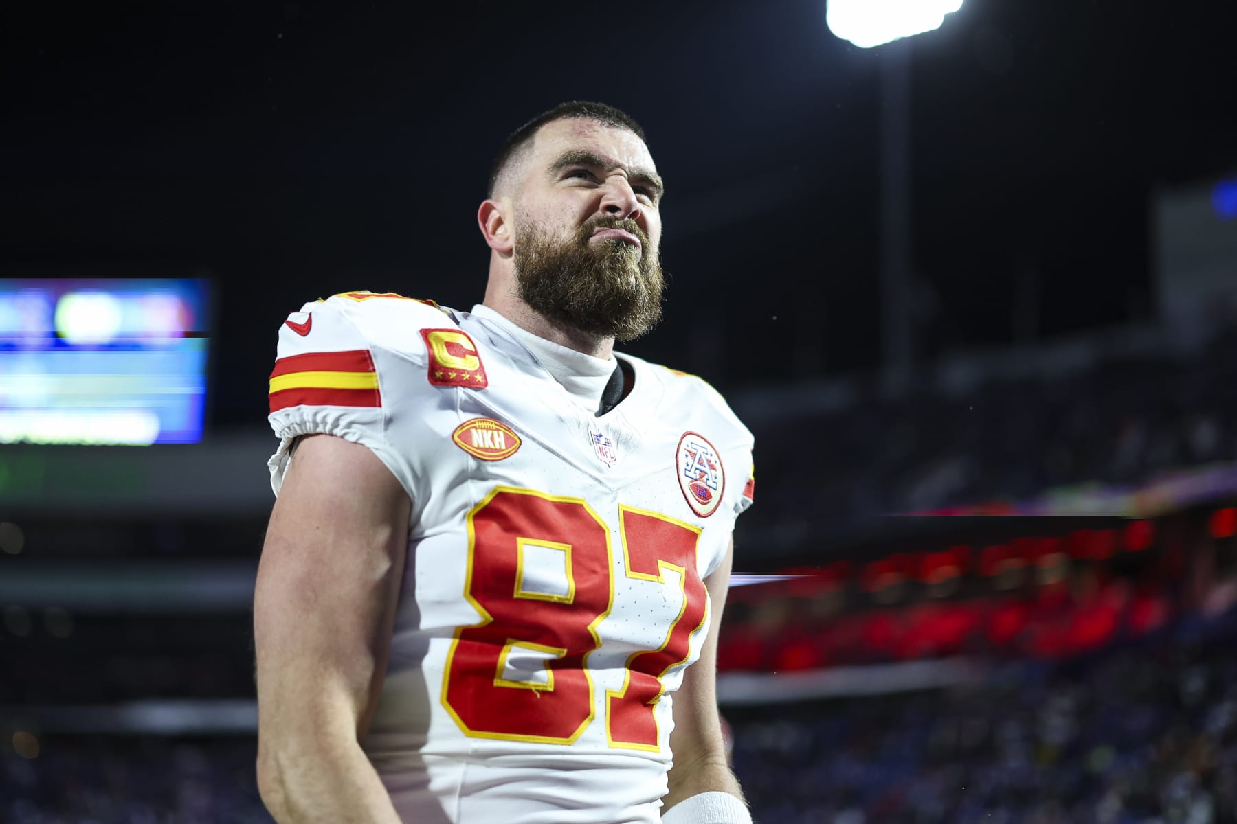 ORCHARD PARK, NY - JANUARY 21: Travis Kelce #87 of the Kansas City Chiefs warms up prior to an NFL divisional round playoff football game against the Buffalo Bills at Highmark Stadium on January 21, 2024 in Orchard Park, New York. (Photo by Perry Knotts/Getty Images)