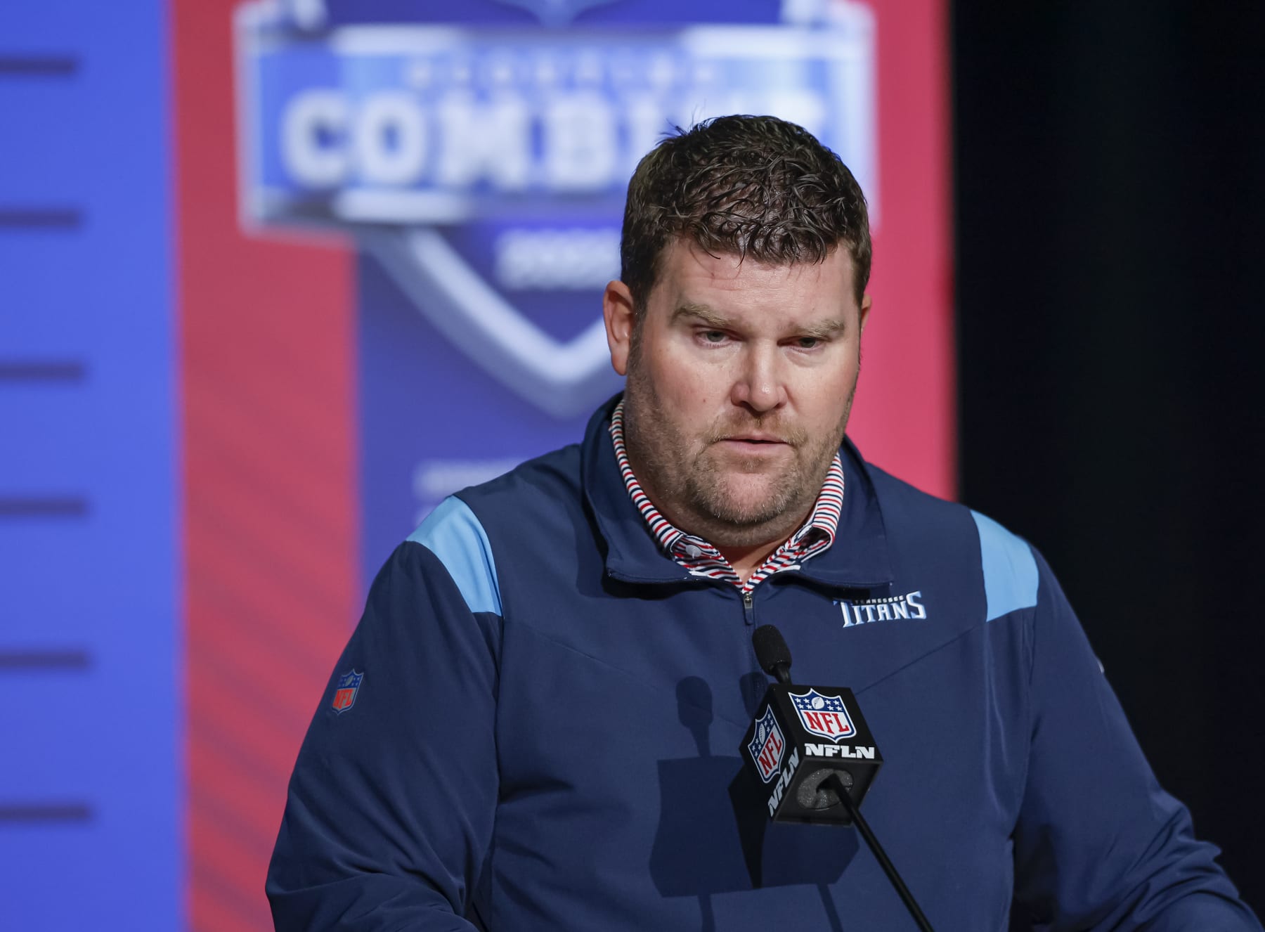INDIANAPOLIS, IN - MAR 02: General manager, Jon Robinson of the Tennessee Titans speaks to reporters during the NFL Draft Combine at the Indiana Convention Center on March 2, 2022 in Indianapolis, Indiana. (Photo by Michael Hickey/Getty Images)