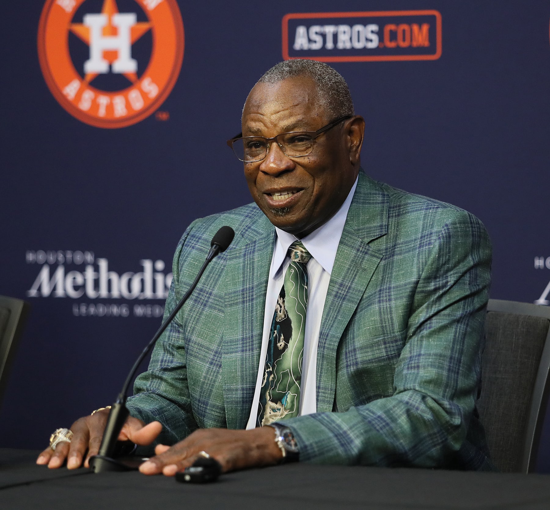 HOUSTON, TEXAS - OCTOBER 26: Dusty Baker Jr. speaks to the media as he announces his retirement from manager of the Houston Astros at Minute Maid Park on October 26, 2023 in Houston, Texas. (Photo by Bob Levey/Getty Images)
