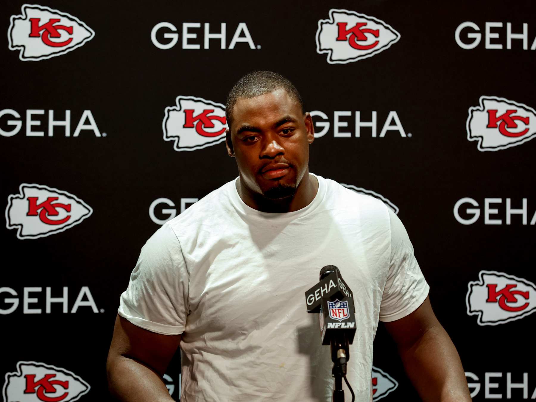 JACKSONVILLE, FL - SEPTEMBER 17: Defensive End Chris Jones #95 of the Kansas City Chiefs talks with the media after the game against the Jacksonville Jaguars at Ever Bank Stadium on September 17, 2023 in Jacksonville, Florida. The Chiefs defeated the Jaguars 17 to 9.(Photo by Don Juan Moore/Getty Images)