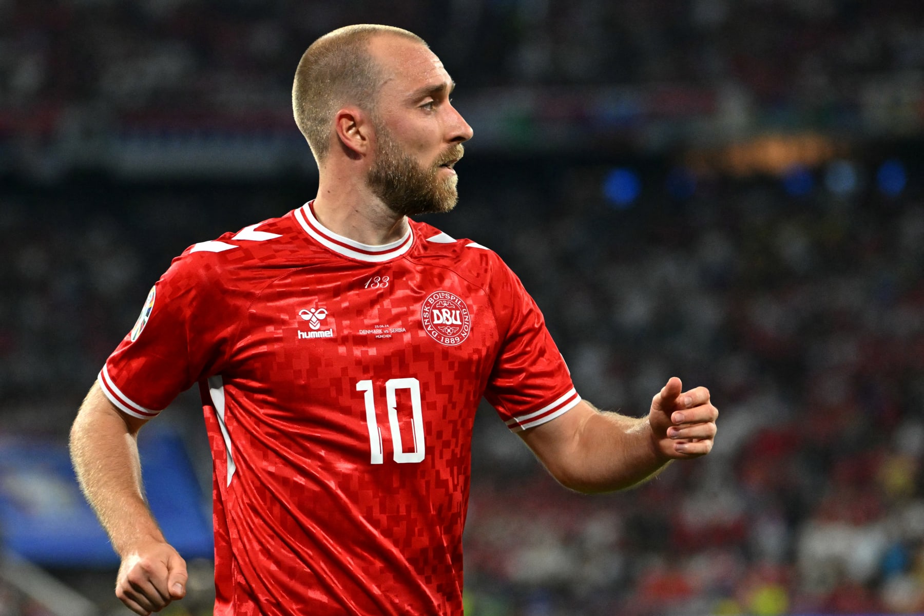 Denmark's midfielder #10 Christian Eriksen reacts  during the UEFA Euro 2024 Group C football match between Denmark and Serbia at the Munich Football Arena in Munich on June 25, 2024. (Photo by MIGUEL MEDINA / AFP) (Photo by MIGUEL MEDINA/AFP via Getty Images)