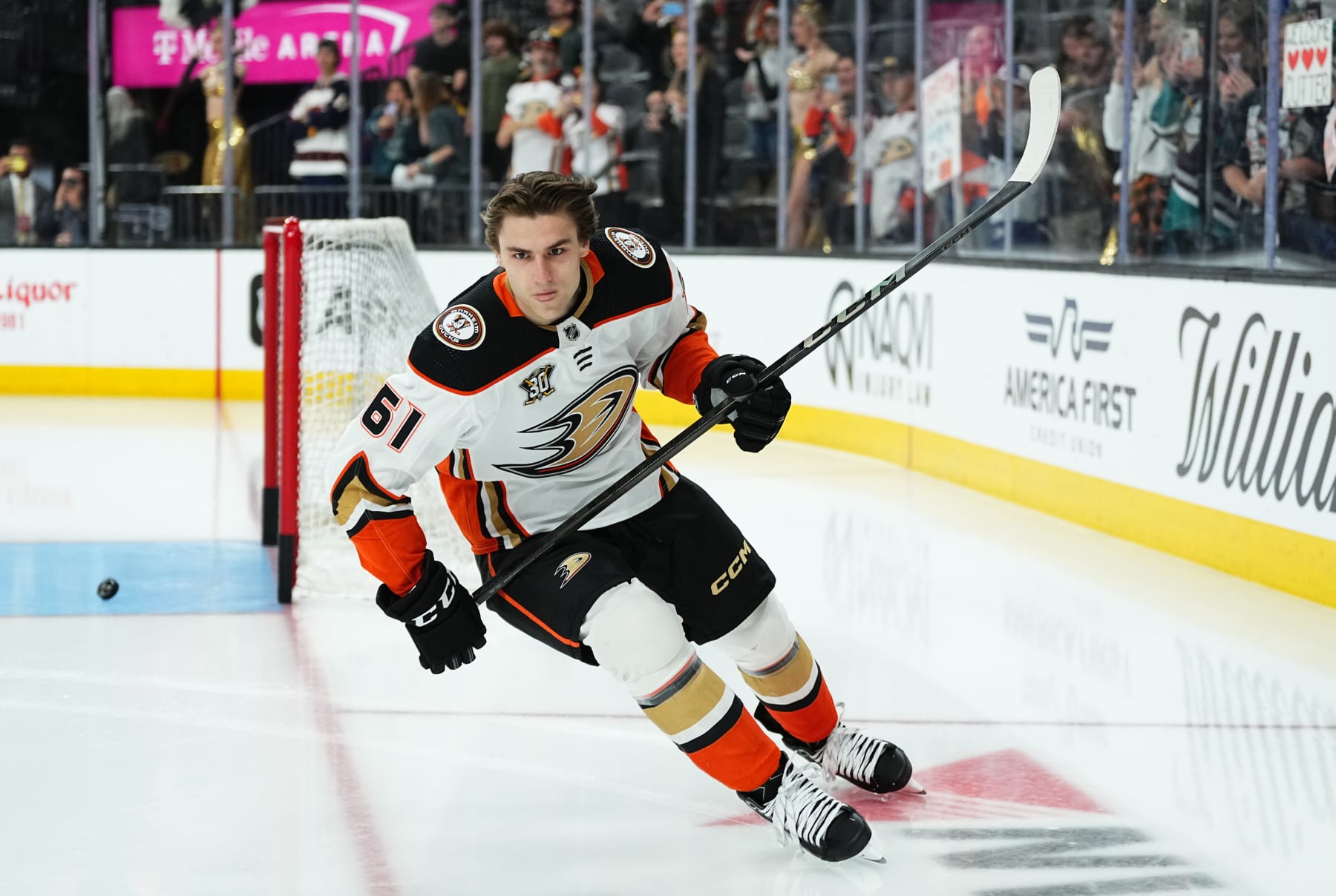 LAS VEGAS, NEVADA - APRIL 18: Cutter Gauthier #61 of the Anaheim Ducks warms up prior to his NHL debut against the Vegas Golden Knights at T-Mobile Arena on April 18, 2024 in Las Vegas, Nevada. (Photo by Jeff Bottari/NHLI via Getty Images)