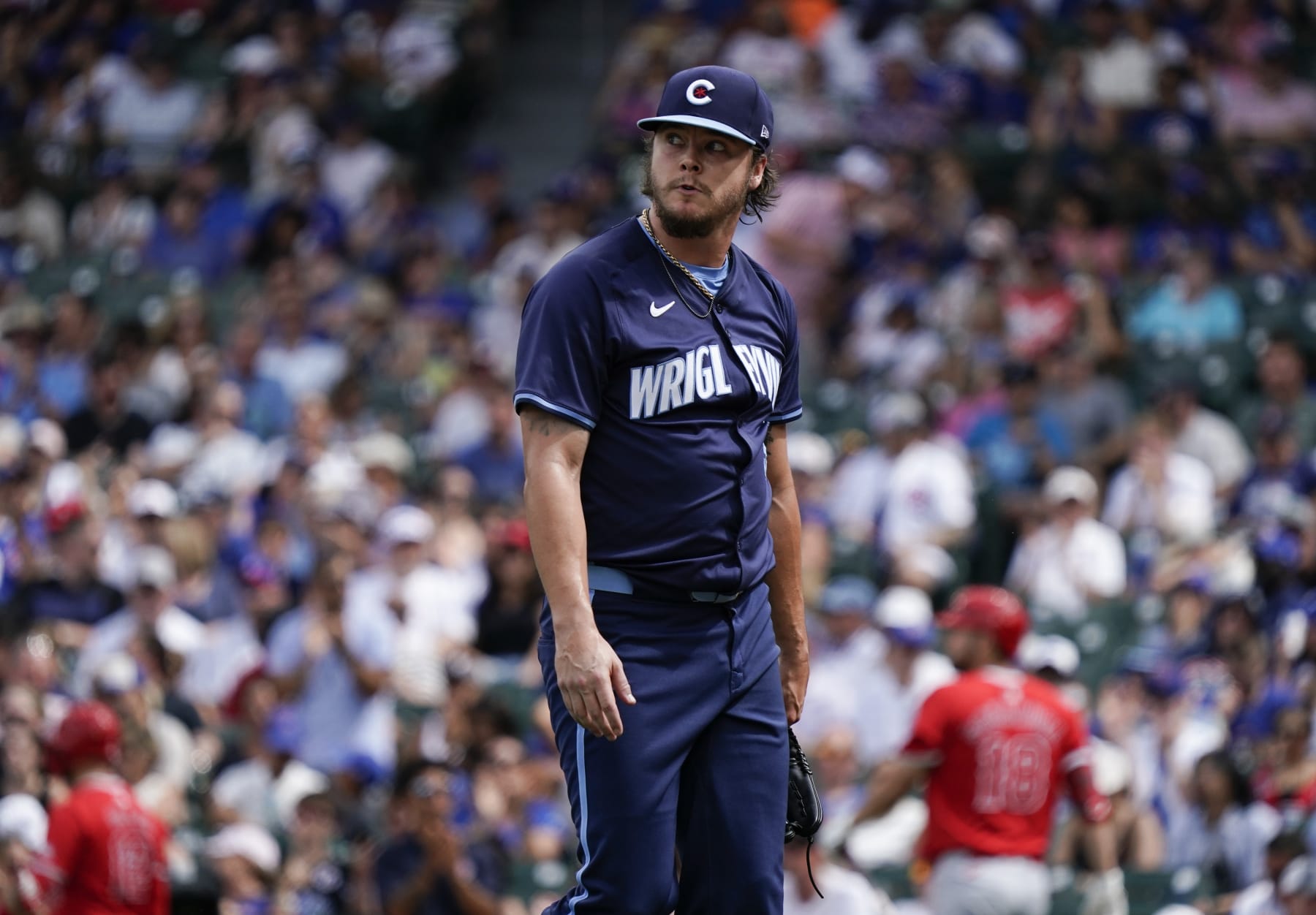 CHICAGO, ILLINOIS - JULY 05: Justin Steele #35 of the Chicago Cubs looks up at the video board after the eighth inning against the Los Angeles Angels at Wrigley Field on July 05, 2024 in Chicago, Illinois. (Photo by Nuccio DiNuzzo/Getty Images)