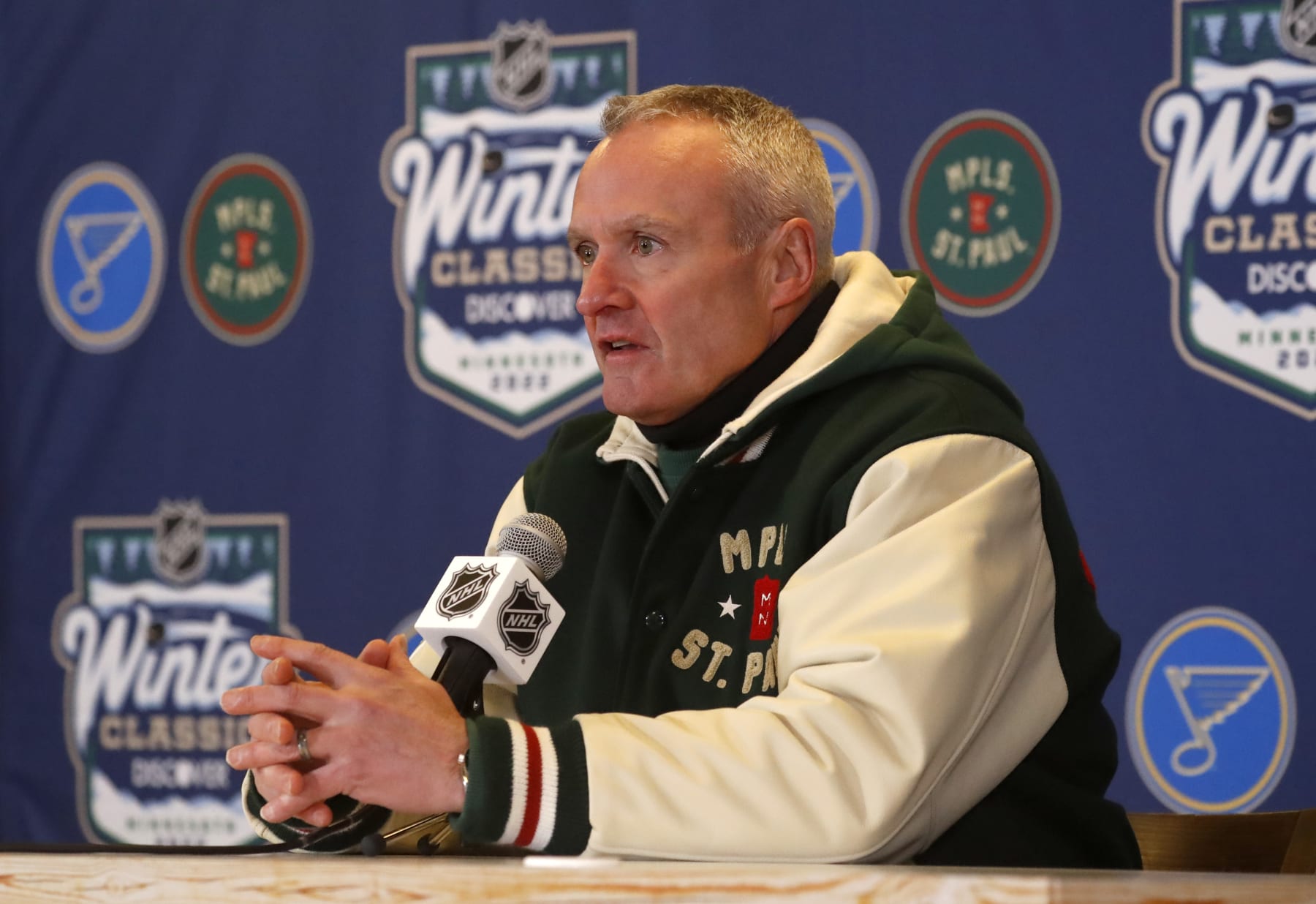 MINNEAPOLIS, MINNESOTA - JANUARY 01: Head coach Dean Evason of the Minnesota Wild attends a post-game press conference after the 2022 NHL Winter Classic between the St. Louis Blues and the Minnesota Wild at Target Field on January 01, 2022 in Minneapolis, Minnesota. (Photo by Eliot J. Schechter/NHLI via Getty Images)