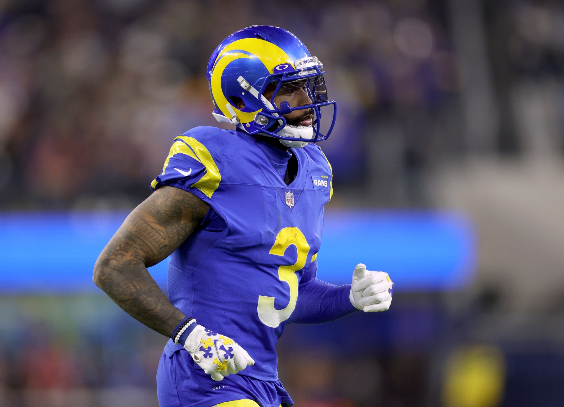 INGLEWOOD, CALIFORNIA - JANUARY 17: Odell Beckham Jr. #3 of the Los Angeles Rams returns to the field in a 34-11 win over the Arizona Cardinals during the NFC Wild Card at SoFi Stadium on January 17, 2022 in Inglewood, California. (Photo by Harry How/Getty Images)