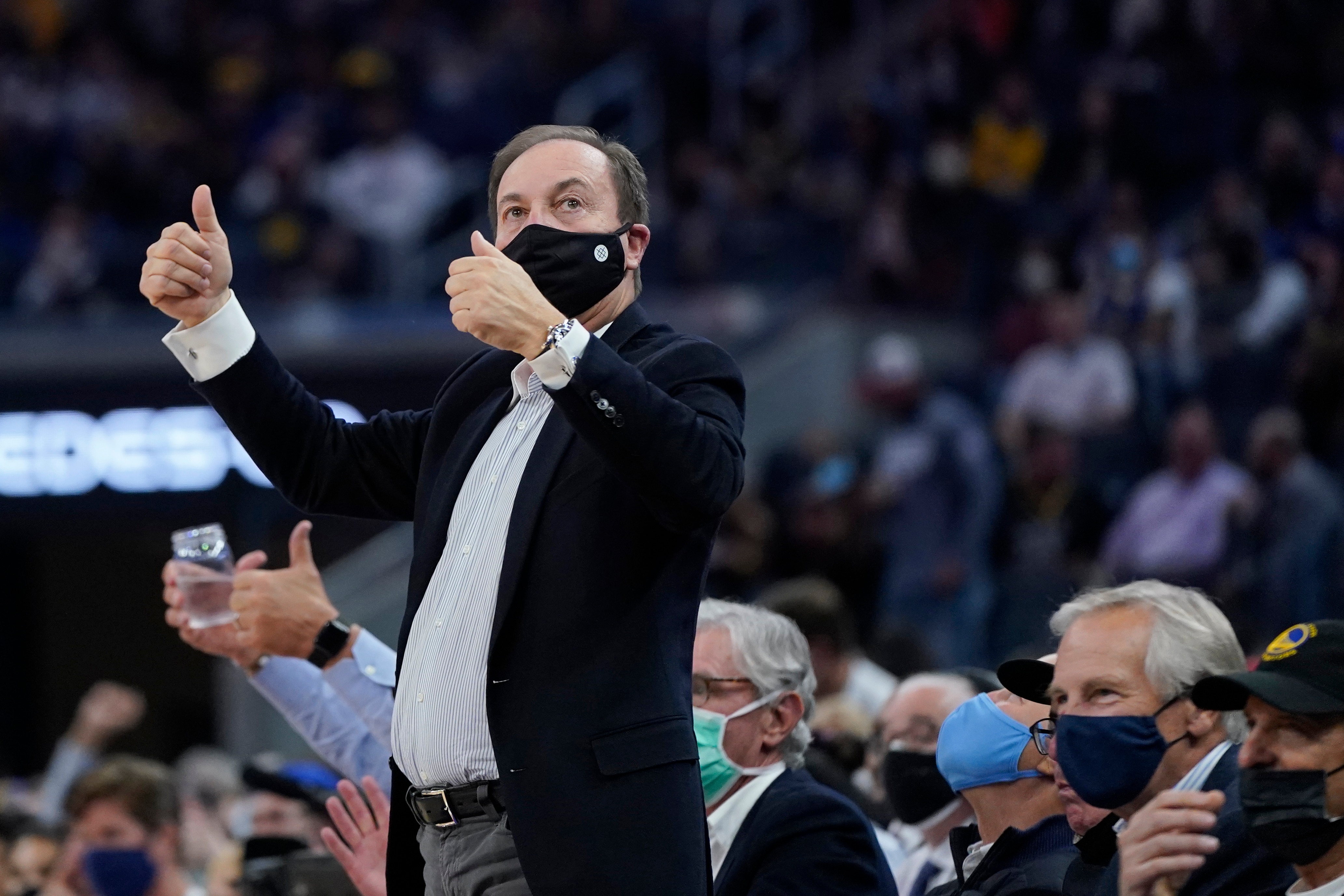 Golden State Warriors owner Joe Lacob reacts during an NBA basketball game between the Warriors and the Chicago Bulls in San Francisco, Friday, Nov. 12, 2021. (AP Photo/Jeff Chiu)