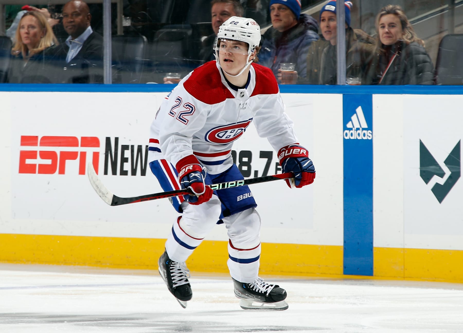 ELMONT, NEW YORK - JANUARY 14: Cole Caufield #22 of the Montreal Canadiens skates against the New York Islanders at the UBS Arena on January 14, 2023 in Elmont, New York. (Photo by Bruce Bennett/Getty Images )
