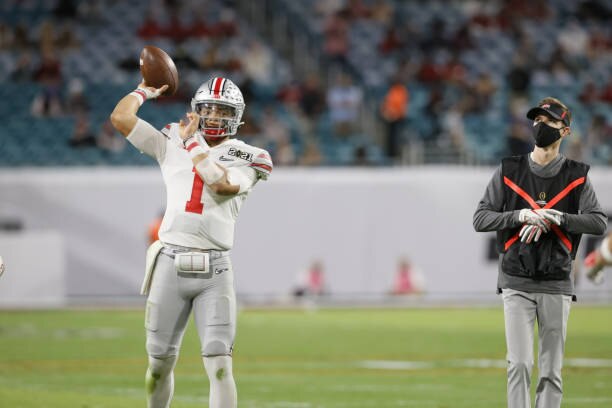 College Football: CFP National Championship: Ohio State QB Justin Fields (1) warming up before game vs Alabama at Hard Rock Stadium.
Miami Gardens, FL 1/11/2021
CREDIT David E. Klutho (Photo by David E. Klutho/Sports Illustrated via Getty Images)
(Set Number: X163498)