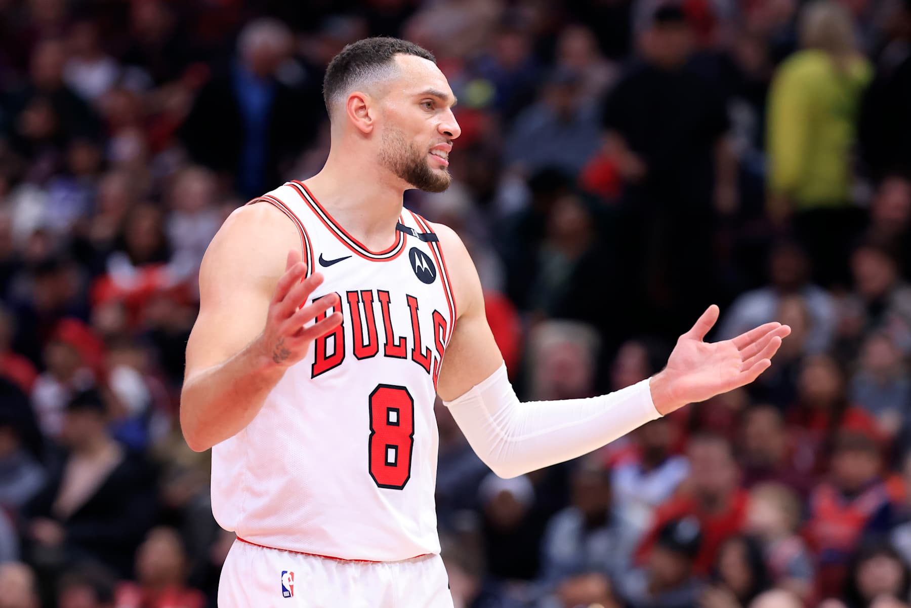CHICAGO, ILLINOIS - JANUARY 12: Zach LaVine #8 of the Chicago Bulls reacts during the second half against the Sacramento Kings at the United Center on January 12, 2025 in Chicago, Illinois. NOTE TO USER: User expressly acknowledges and agrees that, by downloading and or using this photograph, User is consenting to the terms and conditions of the Getty Images License Agreement. (Photo by Justin Casterline/Getty Images)