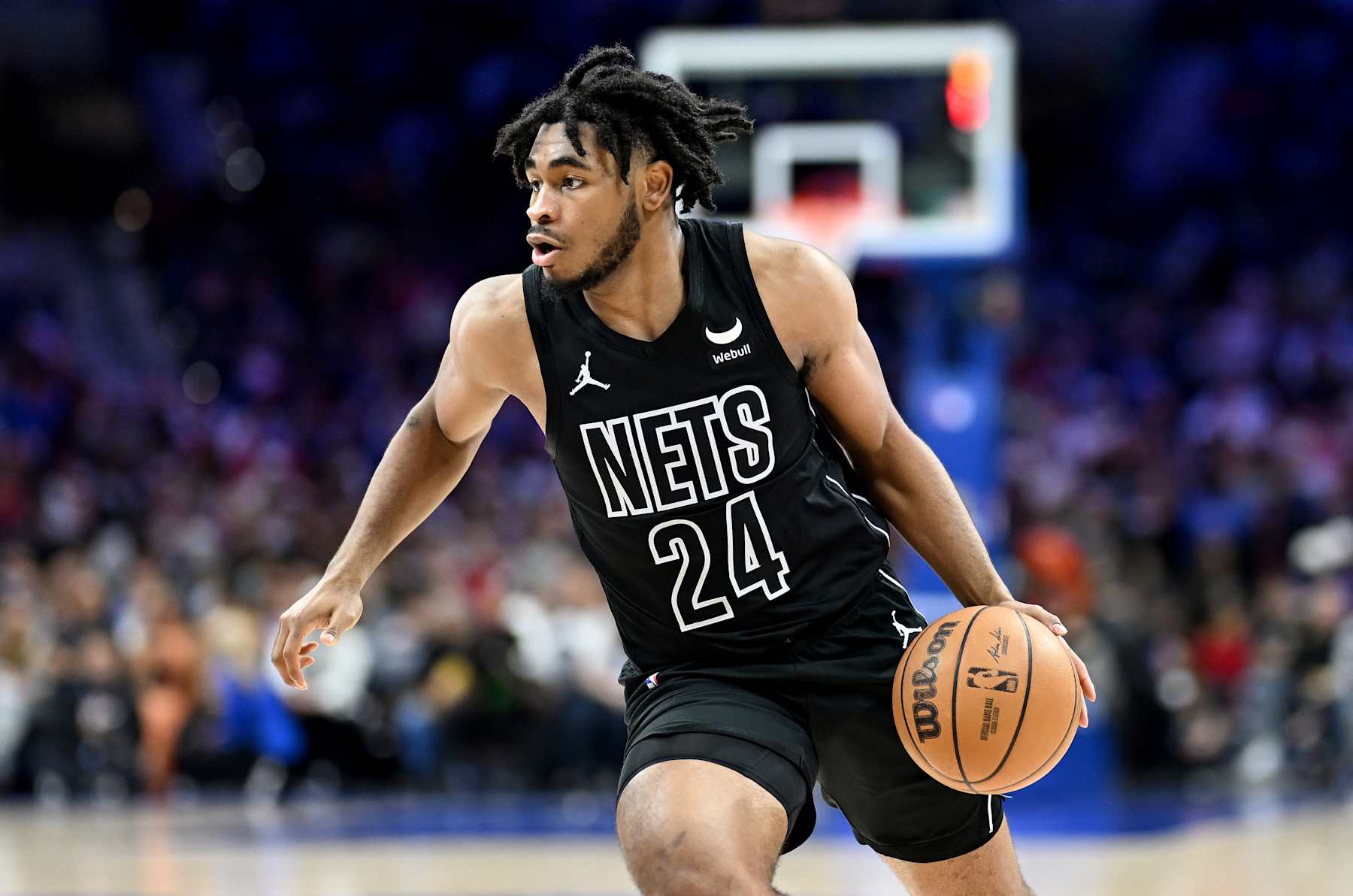 PHILADELPHIA, PENNSYLVANIA - APRIL 14: Cam Thomas #24 of the Brooklyn Nets handles the ball against the Philadelphia 76ers at the Wells Fargo Center on April 14, 2024 in Philadelphia, Pennsylvania.  NOTE TO USER: User expressly acknowledges and agrees that, by downloading and or using this photograph, User is consenting to the terms and conditions of the Getty Images License Agreement. (Photo by G Fiume/Getty Images)