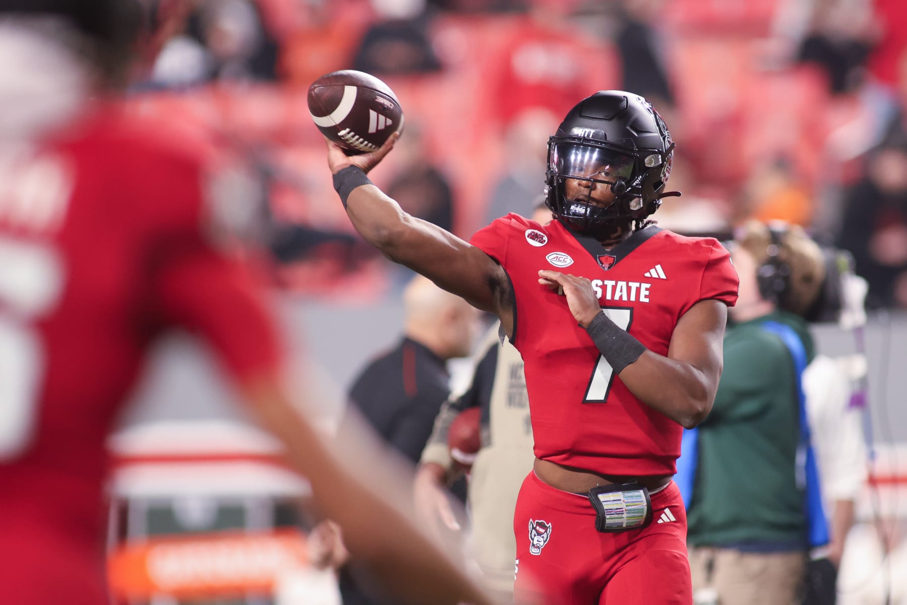 RALEIGH, NC - NOVEMBER 04: North Carolina State Wolfpack quarterback MJ Morris (7) warms up during the college football game between the North Carolina State Wolfpack and the Miami Hurricanes on November 4, 2023 at Carter-Finley Stadium in Raleigh, NC. (Photo by Nicholas Faulkner/Icon Sportswire via Getty Images)