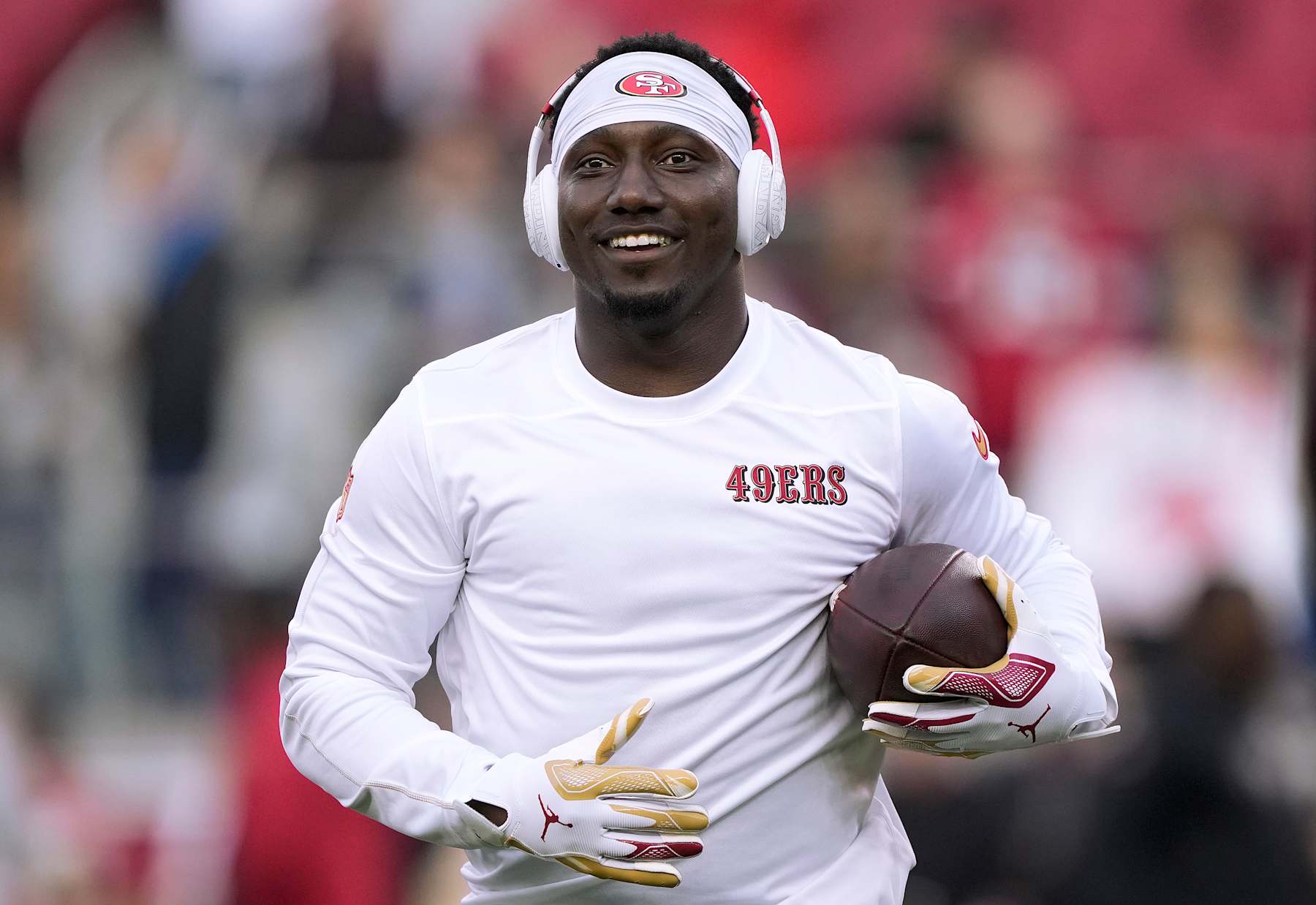 SANTA CLARA, CALIFORNIA - DECEMBER 30: Deebo Samuel Sr. #1 of the San Francisco 49ers warms up prior to the start of an NFL football game against the Detroit Lions at Levi's Stadium on December 30, 2024 in Santa Clara, California. (Photo by Thearon W. Henderson/Getty Images)