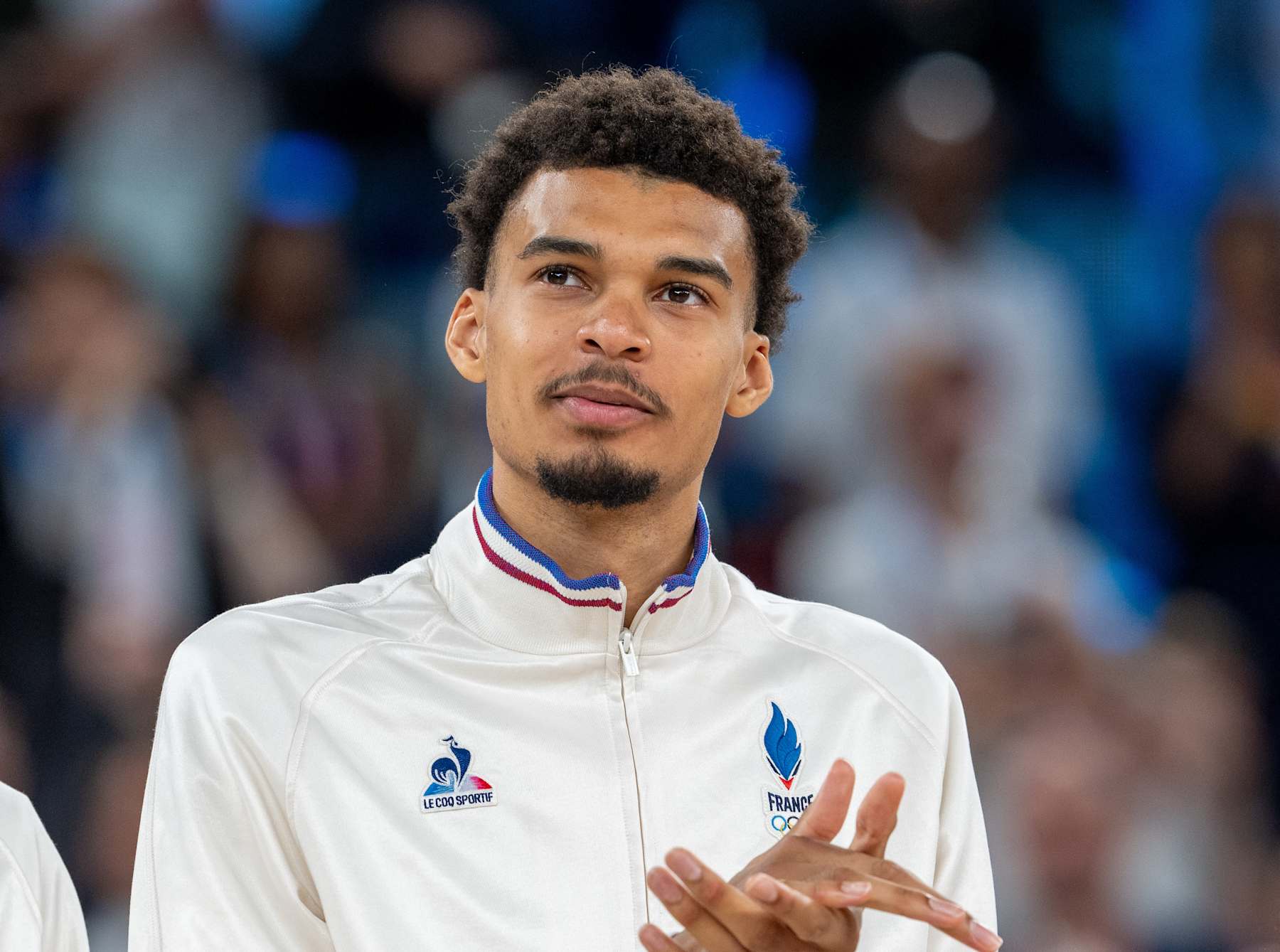 PARIS, FRANCE - AUGUST 10: Victor Wembanyama of France win silver medal after loosing to USA in Men's Gold Medal on day fifteen of the Olympic Games Paris 2024 at Bercy Arena on August 10, 2024 in Paris, France. (Photo by Aytac Unal/Anadolu via Getty Images)
