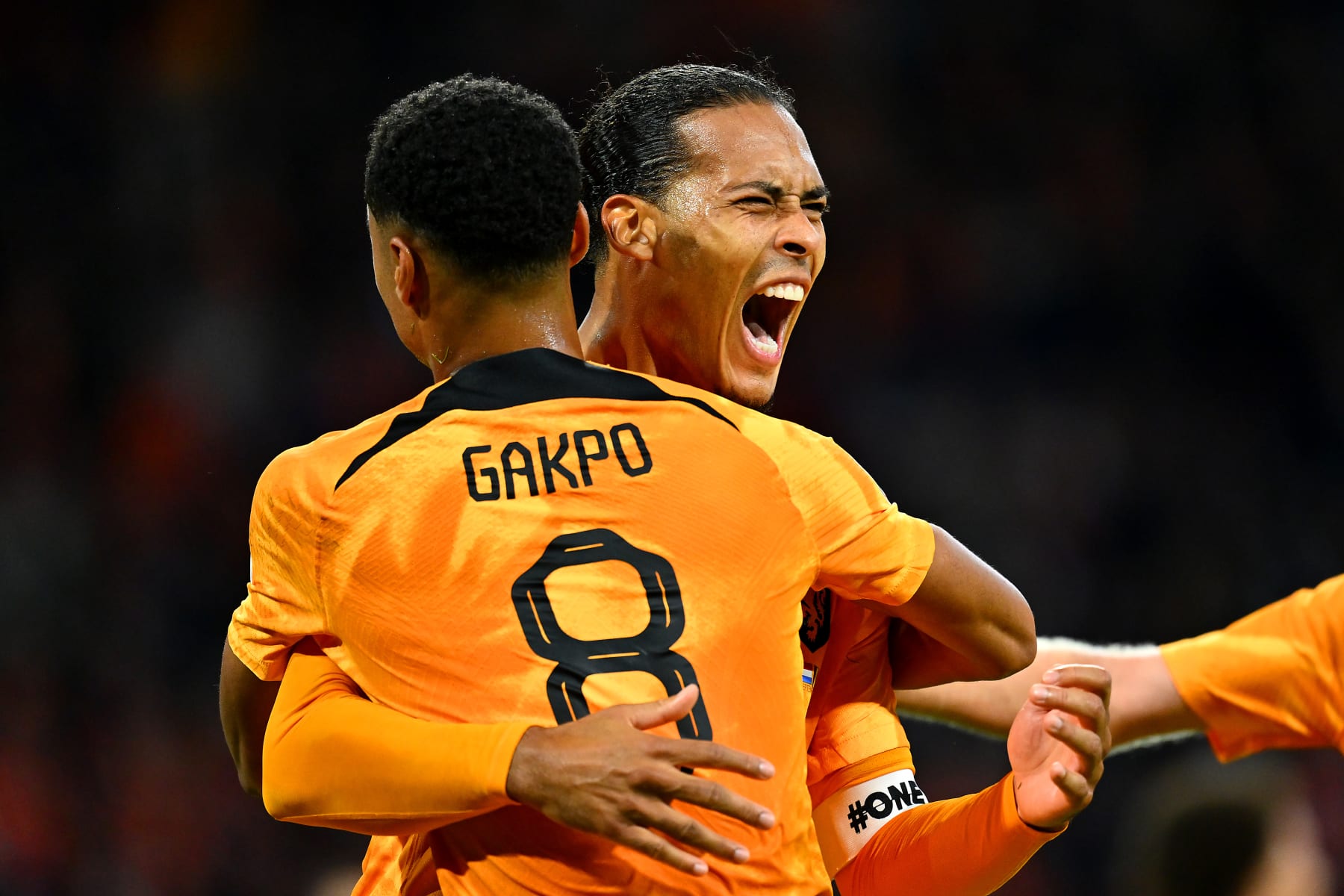 AMSTERDAM, NETHERLANDS - SEPTEMBER 25: Virgil van Dijk of Netherlands celebrates with teammate Cody Gakpo after scoring their team's first goal during the UEFA Nations League League A Group 4 match between Netherlands and Belgium at Johan Cruijff ArenA on September 25, 2022 in Amsterdam, Netherlands. (Photo by Oliver Hardt - UEFA/UEFA via Getty Images)