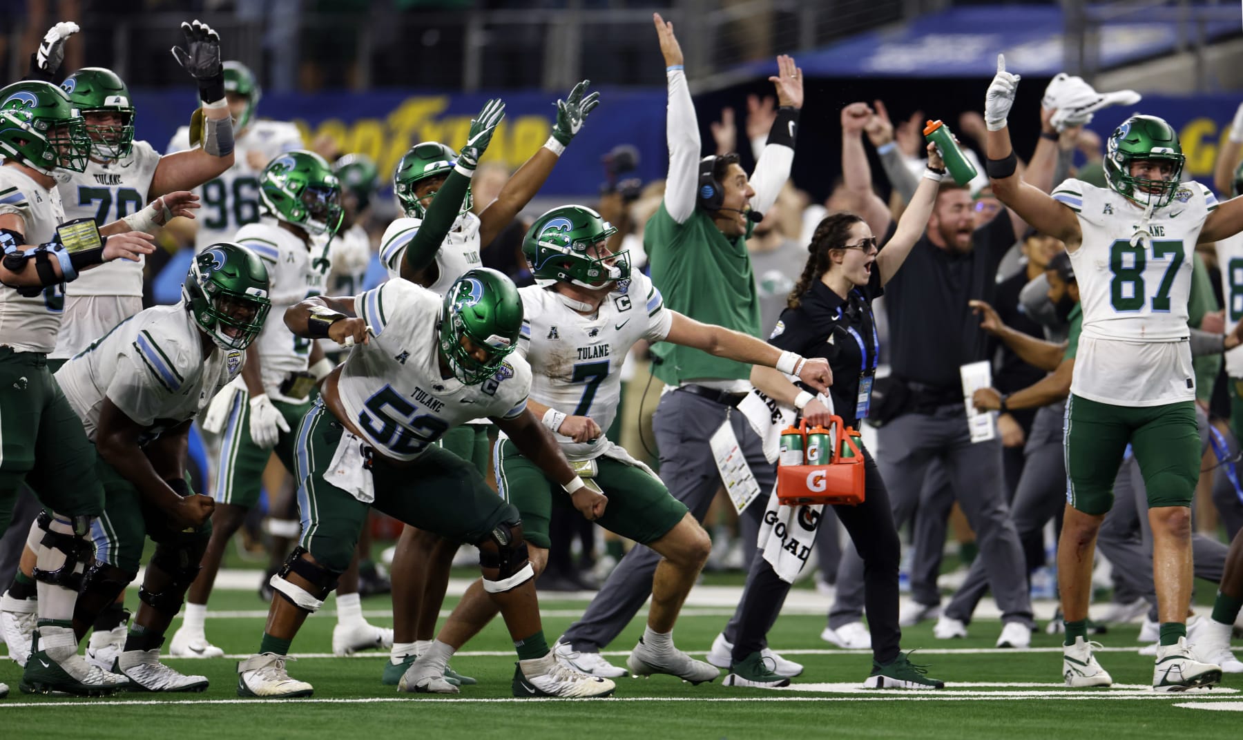 ARLINGTON, TX - JANUARY 2: The Tulane Green Wave players celebrate  following the teams 46-45 win over USC Trojans in the Goodyear Cotton Bowl Classic on January 2, 2023 at AT&T Stadium in Arlington, Texas. (Photo by Ron Jenkins/Getty Images)
