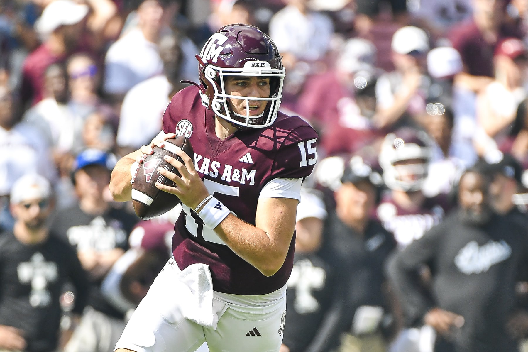 COLLEGE STATION, TEXAS - SEPTEMBER 23: Quarterback Conner Weigman #15 of the Texas A&M Aggies looks to make a pass in the first half against the Auburn Tigers at Kyle Field on September 23, 2023 in College Station, Texas. (Photo by Logan Riely/Getty Images)