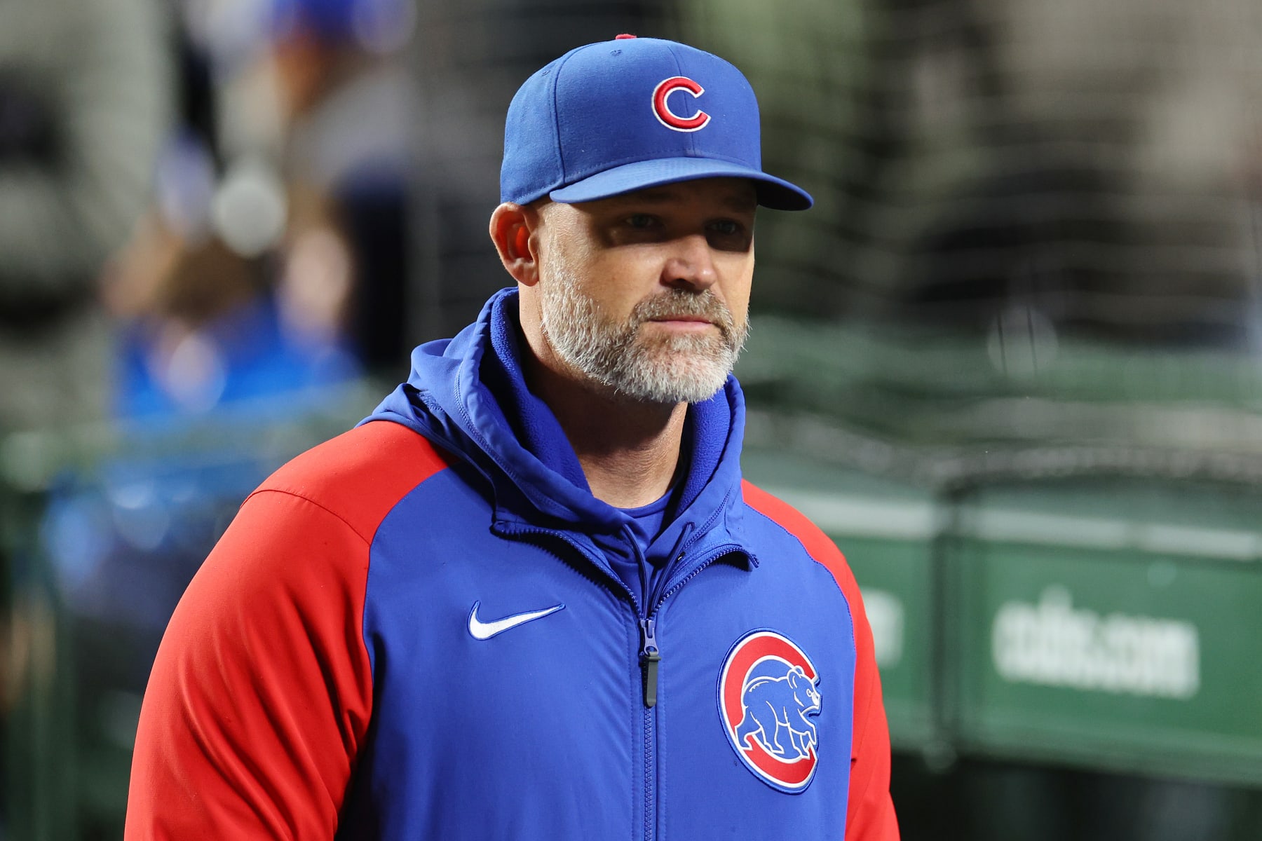 CHICAGO, ILLINOIS - SEPTEMBER 19: Manager David Ross #3 of the Chicago Cubs looks on prior to the game against the Pittsburgh Pirates at Wrigley Field on September 19, 2023 in Chicago, Illinois. (Photo by Michael Reaves/Getty Images)