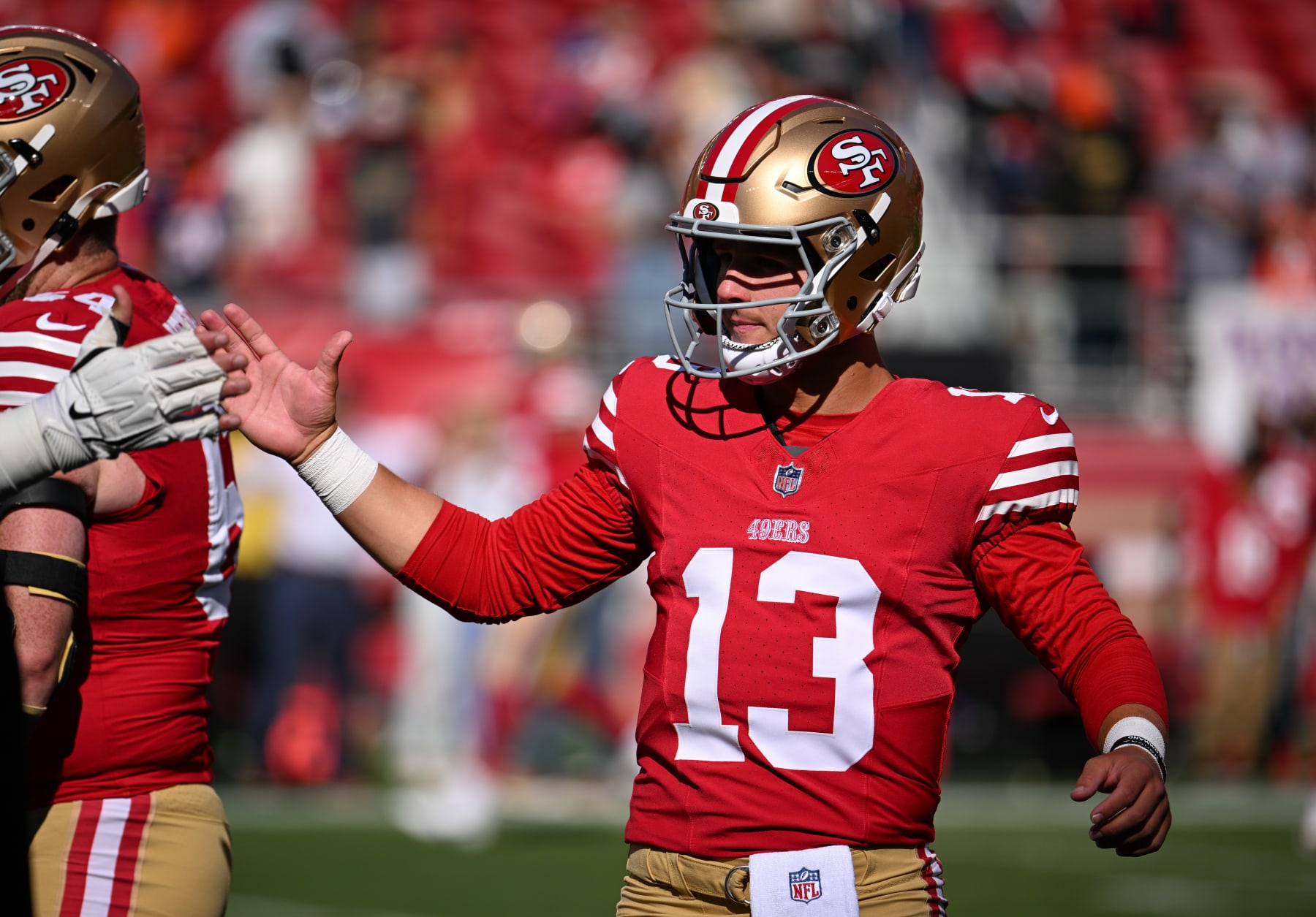 SANTA CLARA, CALIFORNIA - AUGUST 19: Brock Purdy #13 of the San Francisco 49ers warms up before playing the Denver Broncos in a preseason game at Levi's Stadium on August 19, 2023 in Santa Clara, California. (Photo by Loren Elliott/Getty Images)