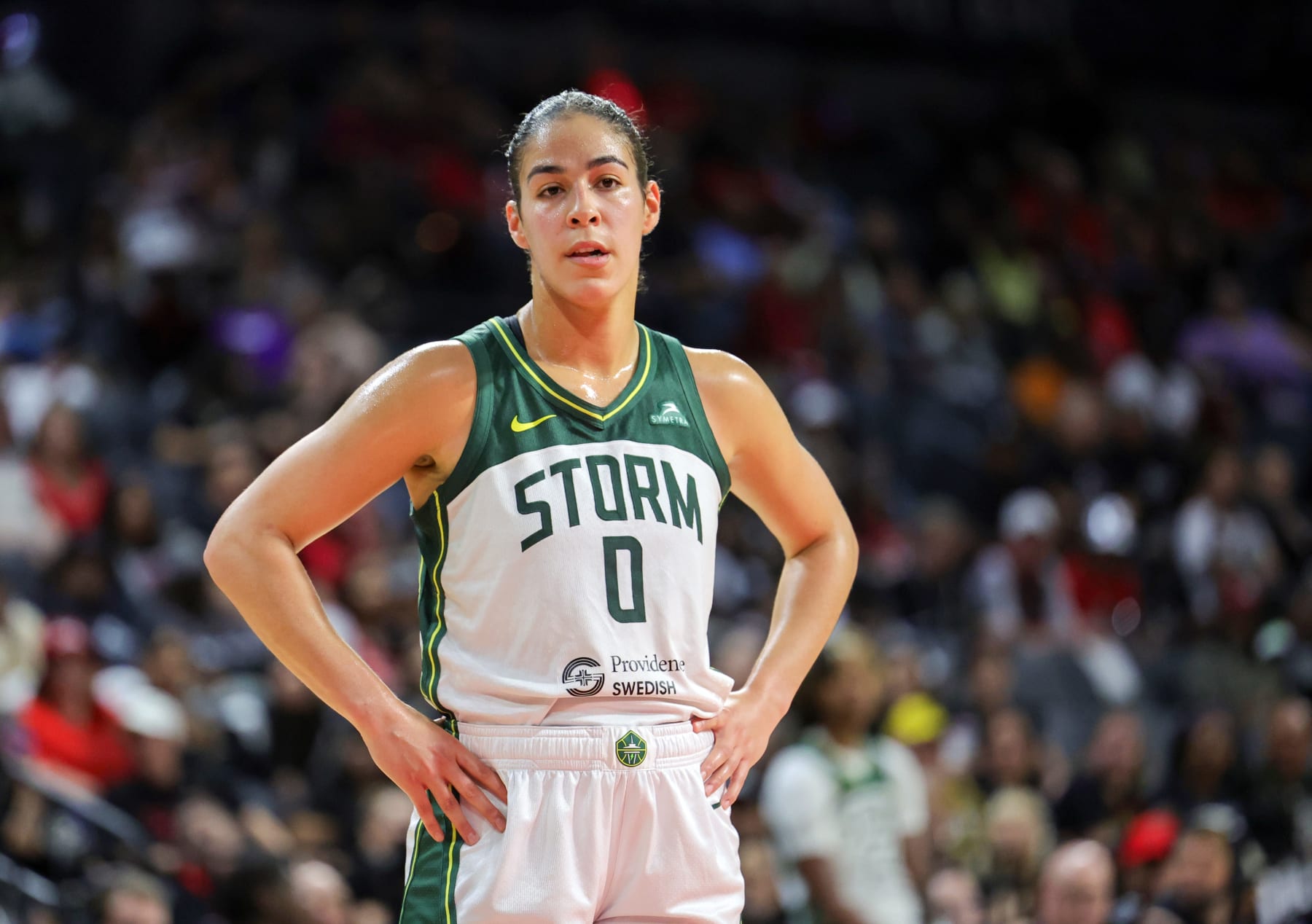 LAS VEGAS, NEVADA - SEPTEMBER 02: Kia Nurse #0 of the Seattle Storm stands on the court during a break in the fourth quarter of a game against the Las Vegas Aces at Michelob ULTRA Arena on September 02, 2023 in Las Vegas, Nevada. The Aces defeated the Storm 103-77. NOTE TO USER: User expressly acknowledges and agrees that, by downloading and or using this photograph, User is consenting to the terms and conditions of the Getty Images License Agreement. (Photo by Ethan Miller/Getty Images)
