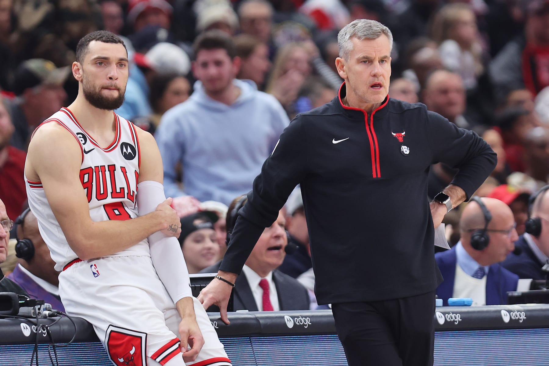 CHICAGO, ILLINOIS - JANUARY 07: Zach LaVine #8 of the Chicago Bulls and head coach Billy Donovan look on against the Utah Jazz during the second half at United Center on January 07, 2023 in Chicago, Illinois. NOTE TO USER: User expressly acknowledges and agrees that, by downloading and or using this photograph, User is consenting to the terms and conditions of the Getty Images License Agreement. (Photo by Michael Reaves/Getty Images)