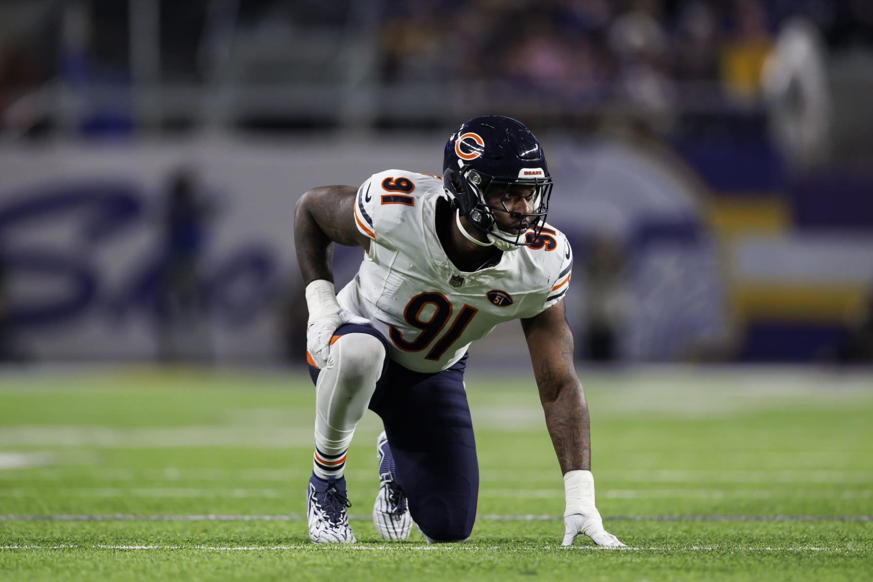 MINNEAPOLIS, MINNESOTA - NOVEMBER 27: Yannick Ngakoue #91 of the Chicago Bears lines up to run around the edge during an NFL football game against the Minnesota Vikings at U.S. Bank Stadium on November 27, 2023 in Minneapolis, Minnesota. (Photo by Ryan Kang/Getty Images)