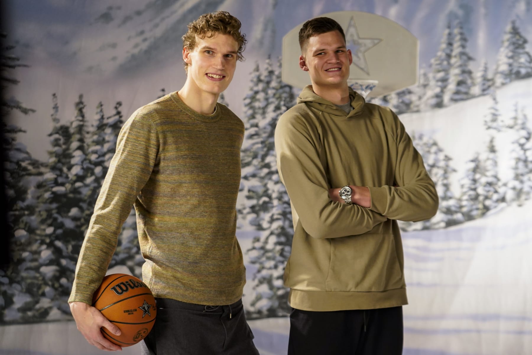 SALT LAKE CITY, UT - FEBRUARY 16: Lauri Markkanen #23 and Walker Kessler #24 of the Utah Jazz pose during NBAE Media Circuit Portraits - BTS as part of 2023 NBA All Star Weekend on Thursday, February 16, 2023 at the Hyatt Regency in Salt Lake City, Utah. NOTE TO USER: User expressly acknowledges and agrees that, by downloading and/or using this Photograph, user is consenting to the terms and conditions of the Getty Images License Agreement. Mandatory Copyright Notice: Copyright 2023 NBAE (Photo by Jeff Dean/NBAE via Getty Images)