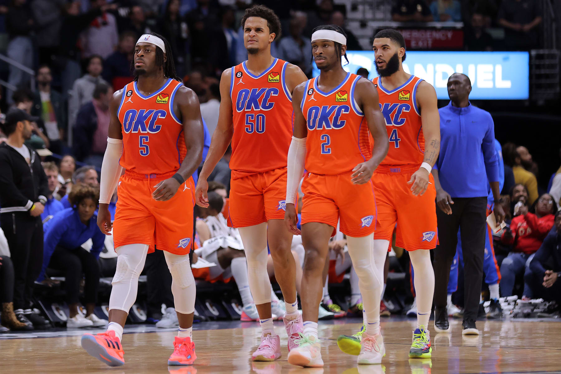 NEW ORLEANS, LOUISIANA - NOVEMBER 28: Luguentz Dort #5, Jeremiah Robinson-Earl #50, Shai Gilgeous-Alexander #2 and Kenrich Williams #34 of the Oklahoma City Thunder reacts during a game against the New Orleans Pelicans at the Smoothie King Center on November 28, 2022 in New Orleans, Louisiana. NOTE TO USER: User expressly acknowledges and agrees that, by downloading and or using this Photograph, user is consenting to the terms and conditions of the Getty Images License Agreement. (Photo by Jonathan Bachman/Getty Images)