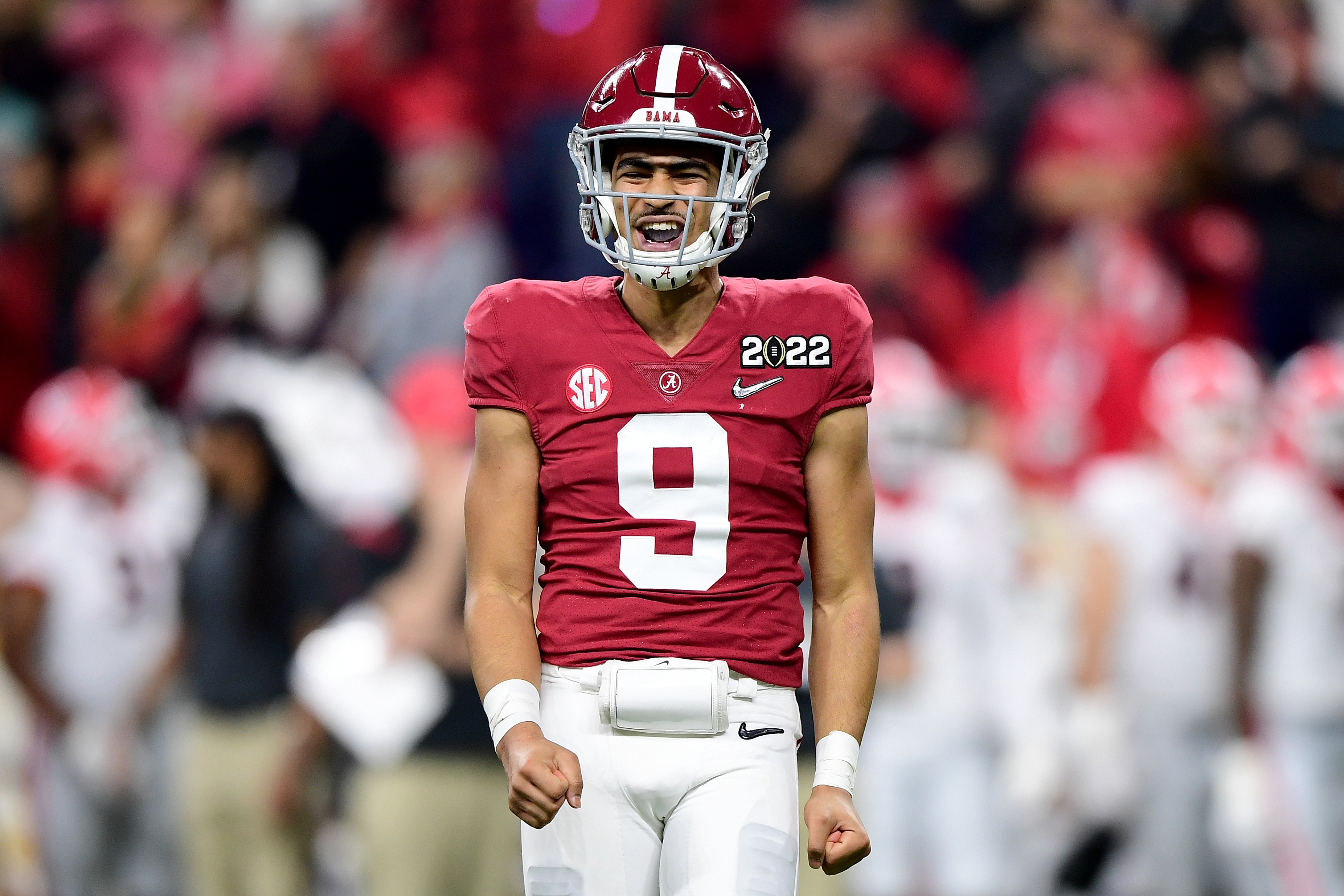 INDIANAPOLIS, INDIANA - JANUARY 10: Bryce Young #9 of the Alabama Crimson Tide reacts in the second quarter of the game against the Georgia Bulldogs during the 2022 CFP National Championship Game at Lucas Oil Stadium on January 10, 2022 in Indianapolis, Indiana. (Photo by Emilee Chinn/Getty Images)
