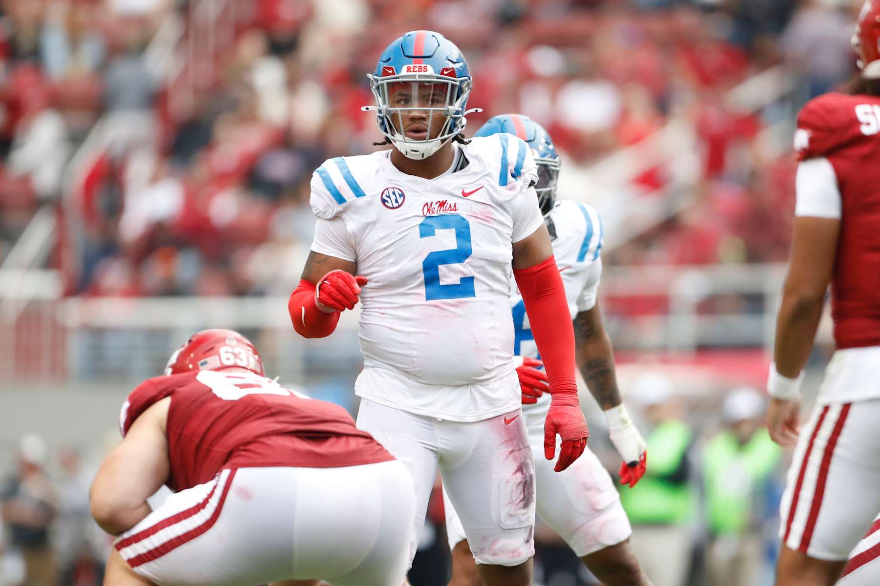 FAYETTEVILLE, AR - NOVEMBER 02:  Mississippi Rebels defensive tackle Walter Nolen (2) during the college football game between the Mississippi Rebels and Arkansas Razorbacks on November 2, 2024, at Donald W. Reynolds Razorback Stadium in Fayetteville, Arkansas. (Photo by Andy Altenburger/Icon Sportswire via Getty Images)