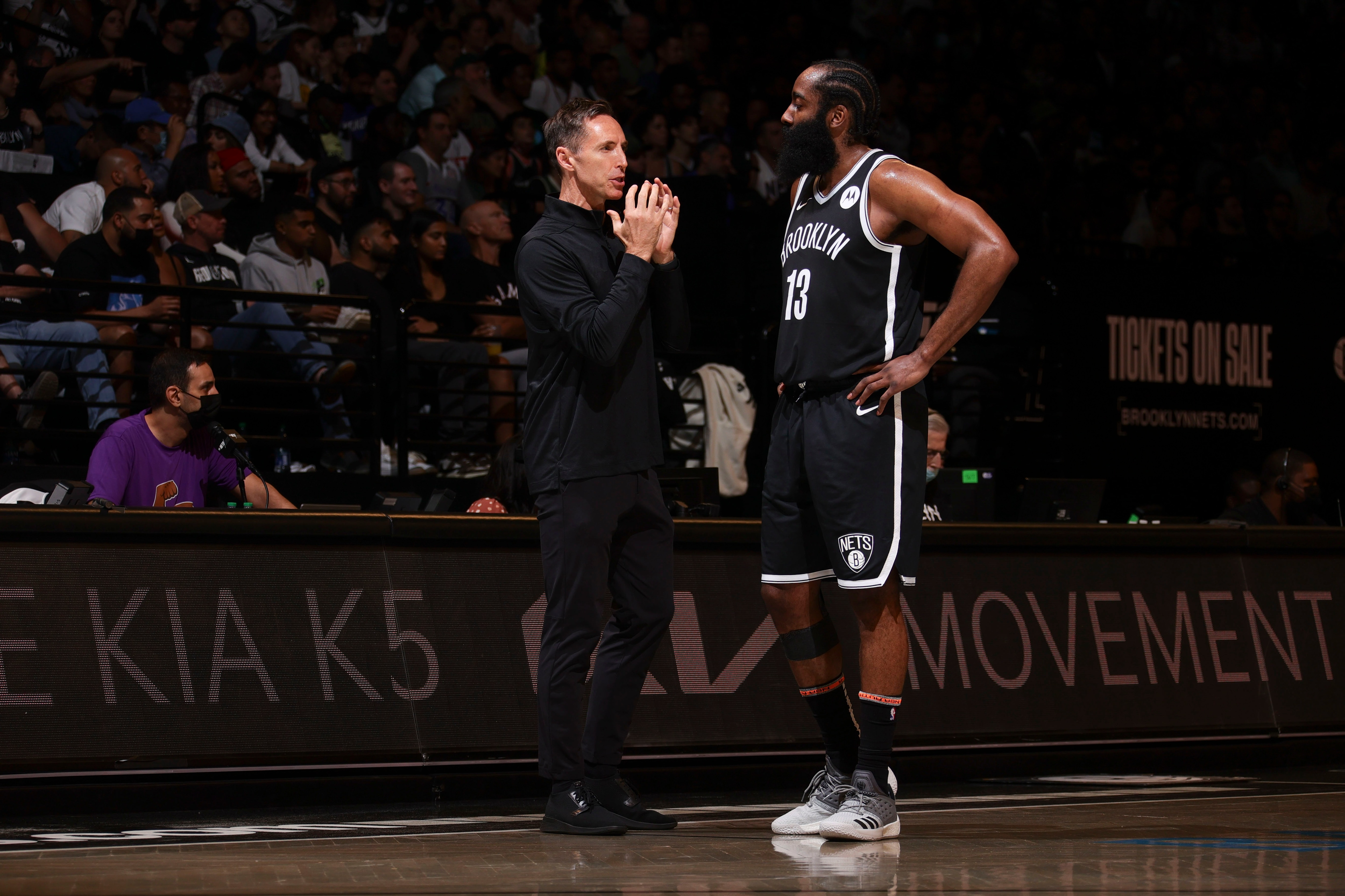 BROOKLYN, NY - JUNE 19: Head Coach Steve Nash of the Brooklyn Nets talks to James Harden #13 of the Brooklyn Nets during the game against the Milwaukee Bucks during Round 2, Game 7 of the 2021 NBA Playoffs on June 19, 2021 at Barclays Center in Brooklyn, New York. NOTE TO USER: User expressly acknowledges and agrees that, by downloading and or using this Photograph, user is consenting to the terms and conditions of the Getty Images License Agreement. Mandatory Copyright Notice: Copyright 2021 NBAE (Photo by Nathaniel S. Butler/NBAE via Getty Images)