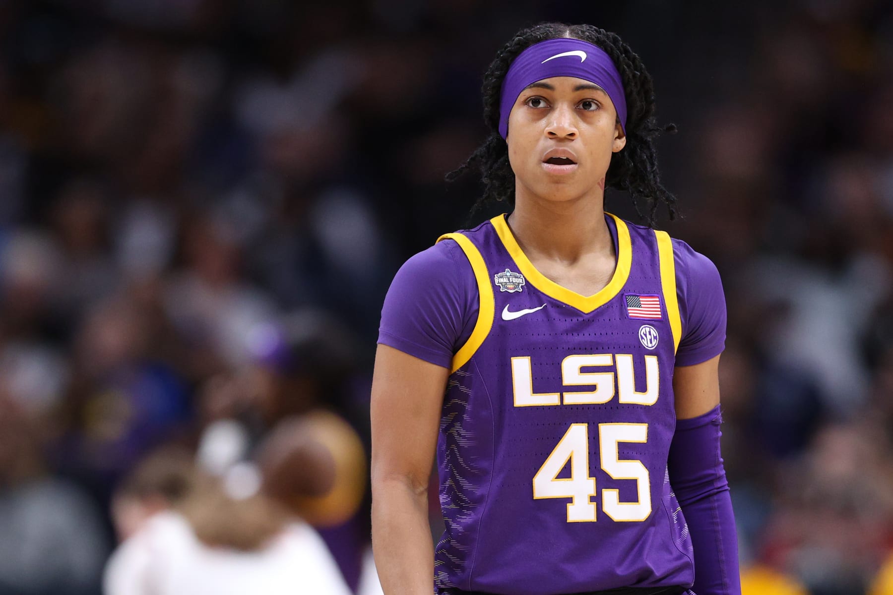 DALLAS, TEXAS - MARCH 31: Alexis Morris #45 of the LSU Lady Tigers reacts during the fourth quarter against the Virginia Tech Hokies during the 2023 NCAA Women's Basketball Tournament Final Four semifinal game at American Airlines Center on March 31, 2023 in Dallas, Texas. (Photo by Maddie Meyer/Getty Images)