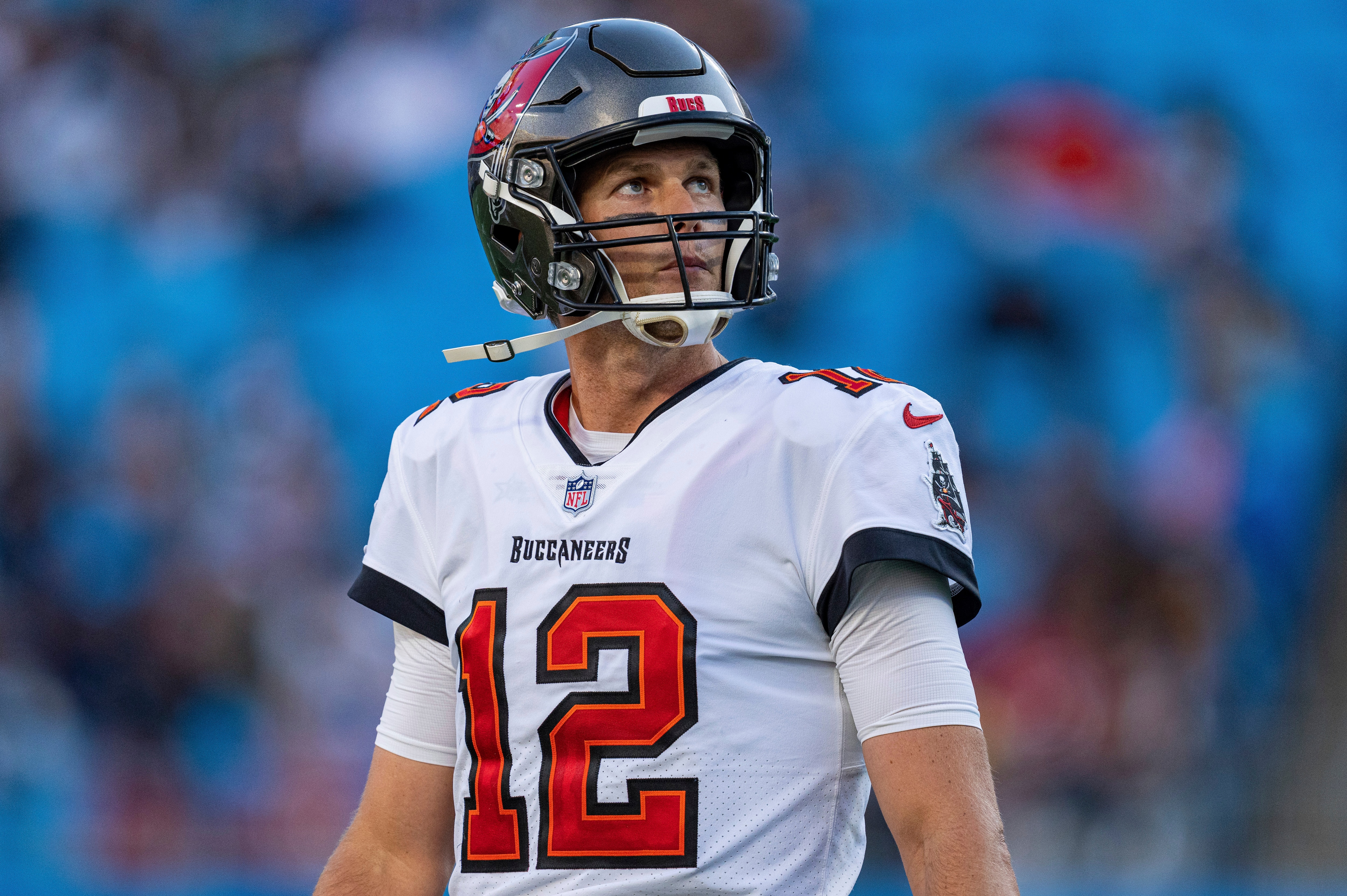 Tampa Bay Buccaneers quarterback Tom Brady (12) looks on against the Carolina Panthers during an NFL football game Sunday, Dec. 26, 2021, in Charlotte, N.C. (AP Photo/Jacob Kupferman)