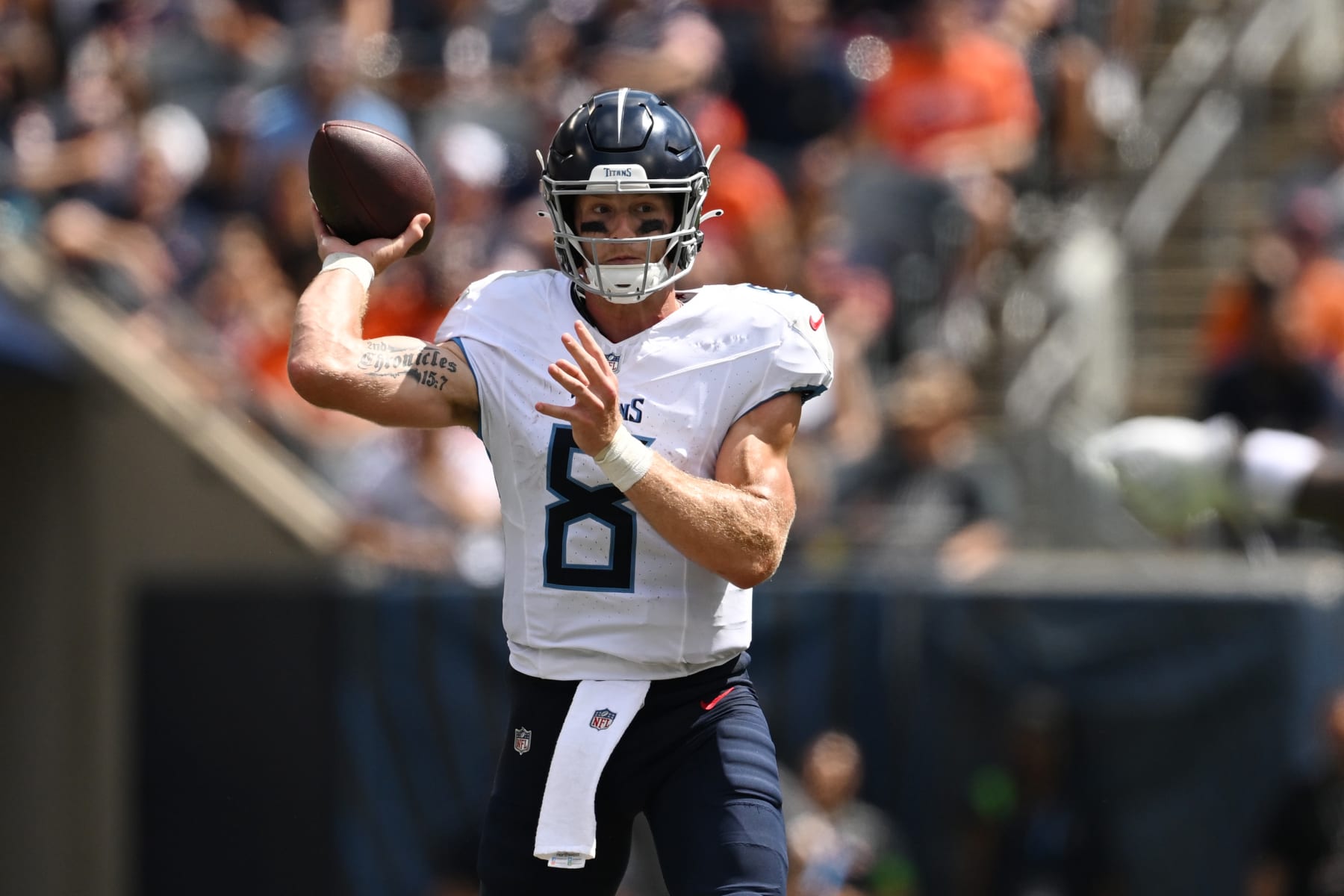 CHICAGO, ILLINOIS - AUGUST 12: Will Levis #8 of the Tennessee Titans passes in the second half against the Chicago Bears during a preseason game at Soldier Field on August 12, 2023 in Chicago, Illinois. (Photo by Quinn Harris/Getty Images)