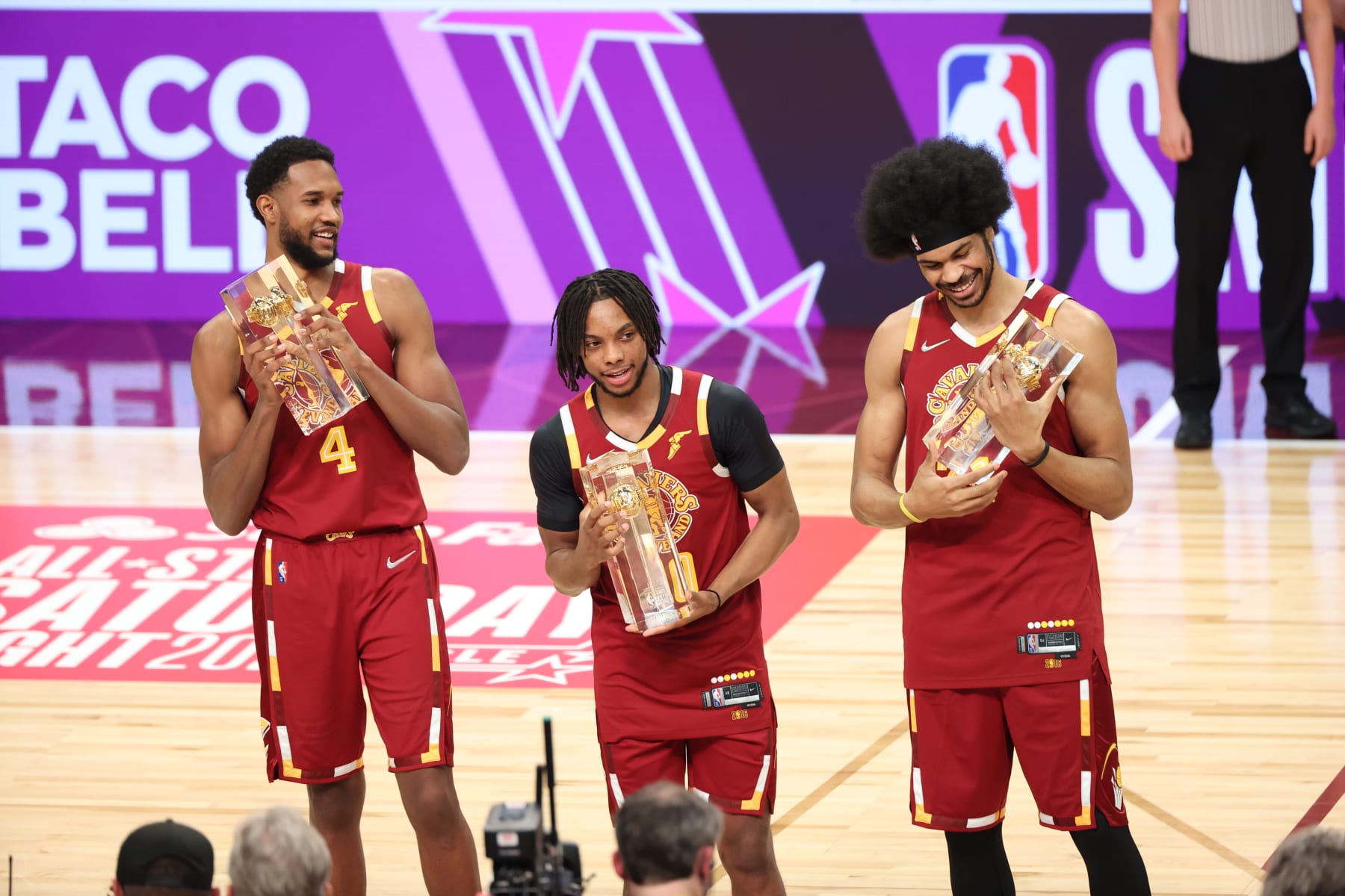 CLEVELAND, OH - FEBRUARY 19: Evan Mobley #4, Darius Garland #10, and Jarrett Allen #31 of Team Cavs hold their trophies after winning the Taco Bell Skills Challenge during State Farm All-Star Saturday Night on February 19, 2022 at Rocket Mortgage FieldHouse in Cleveland, Ohio. NOTE TO USER: User expressly acknowledges and agrees that, by downloading and or using this photograph, User is consenting to the terms and conditions of the Getty Images License Agreement. Mandatory Copyright Notice: Copyright 2022 NBAE (Photo by Joe Murphy/NBAE via Getty Images)