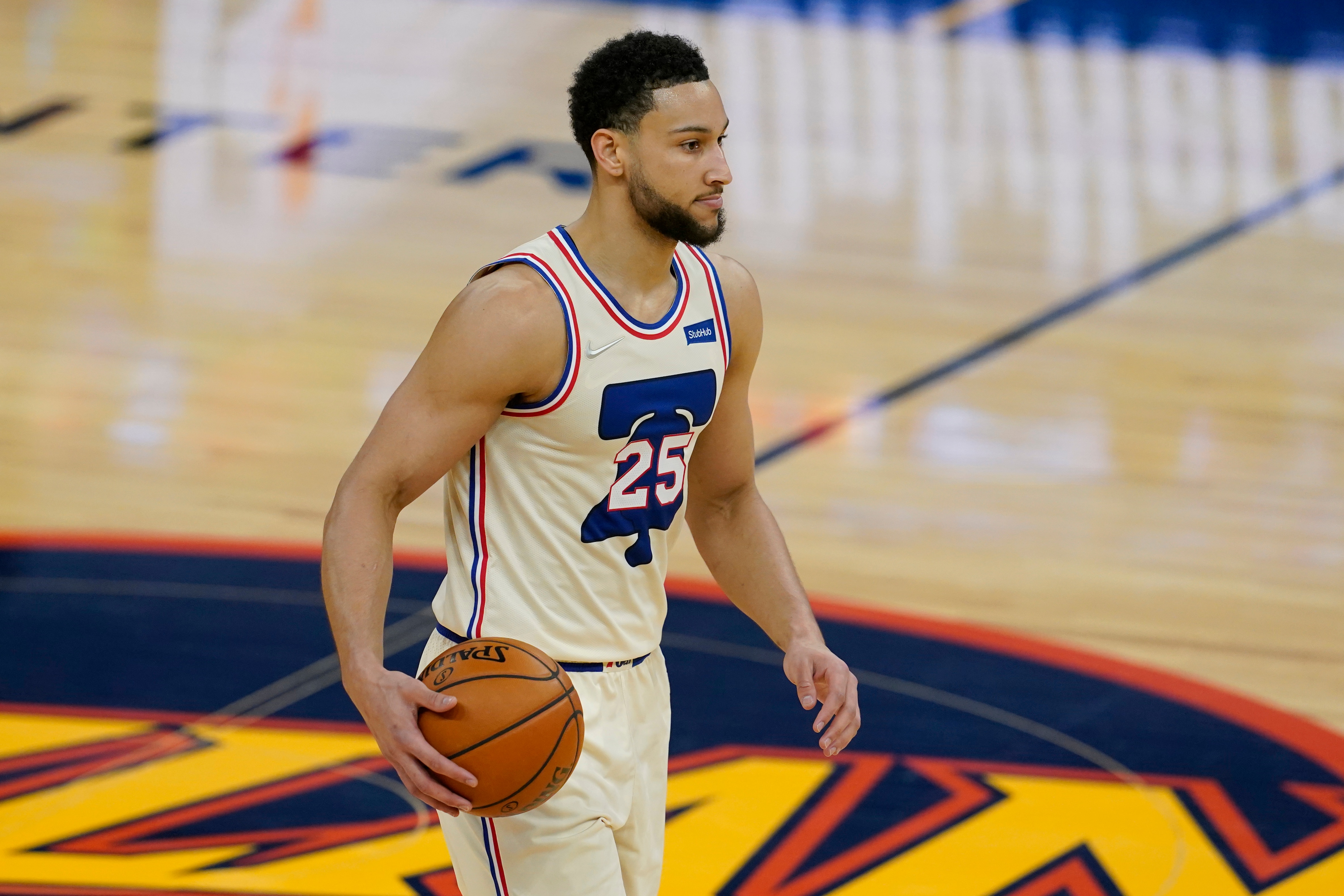 Philadelphia 76ers guard Ben Simmons (25) against the Golden State Warriors during an NBA basketball game in San Francisco, Tuesday, March 23, 2021. (AP Photo/Jeff Chiu)