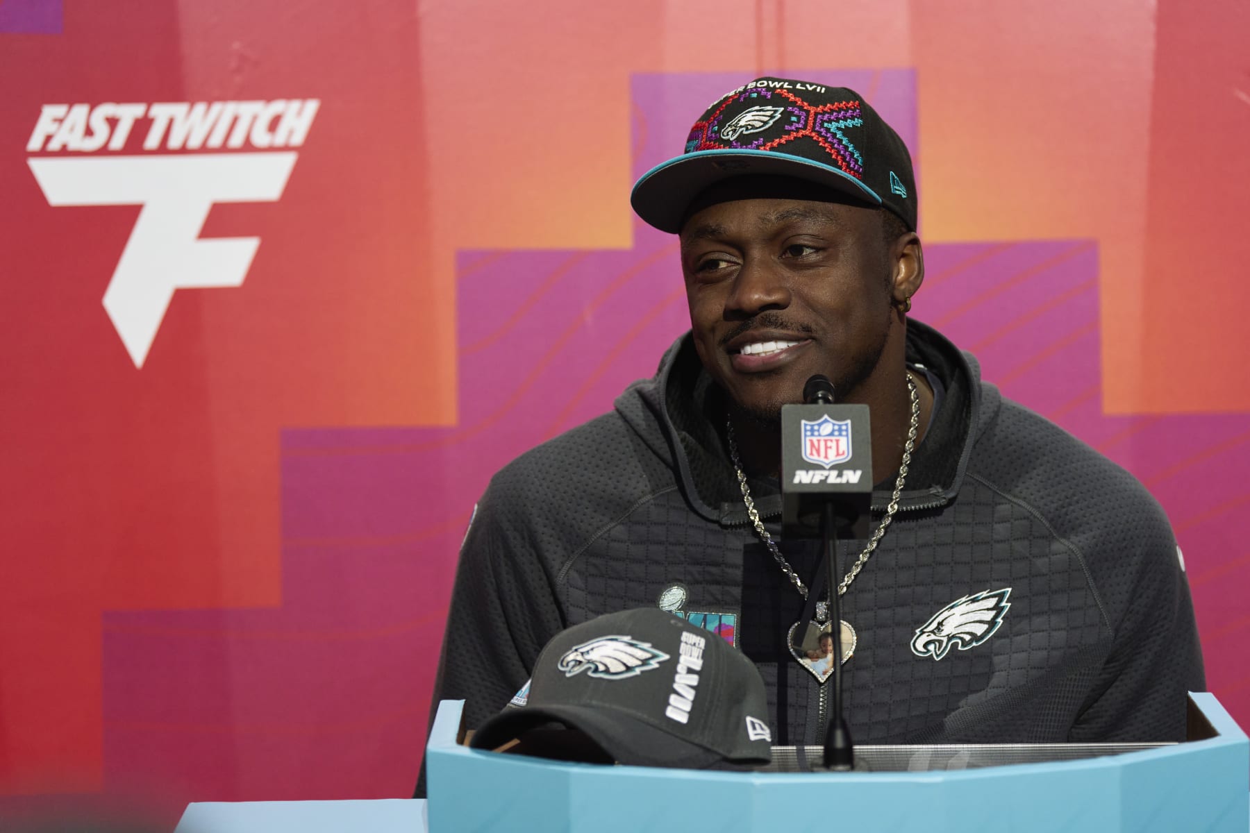 PHOENIX, AZ - FEBRUARY 06: A.J. Brown #11 of the Philadelphia Eagles speaks to the media at Footprint Center on February 6, 2023 in Phoenix, Arizona. (Photo by Cooper Neill/Getty Images)