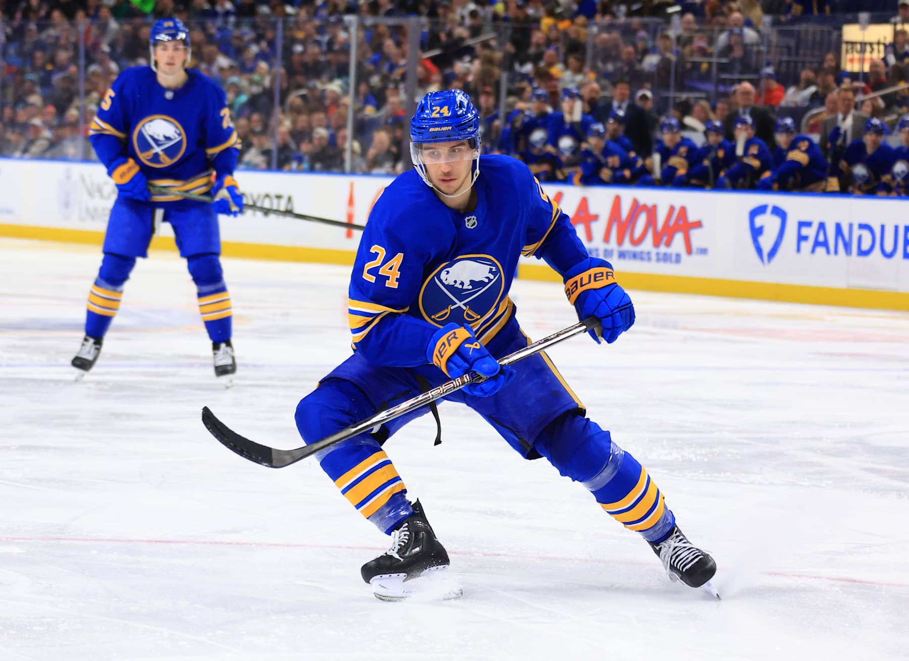 BUFFALO, NEW YORK - JANUARY 11: Dylan Cozens #24 of the Buffalo Sabres skates against the Seattle Kraken during an NHL game on January 11, 2025 at KeyBank Center in Buffalo, New York. (Photo by Bill Wippert/NHLI via Getty Images)
