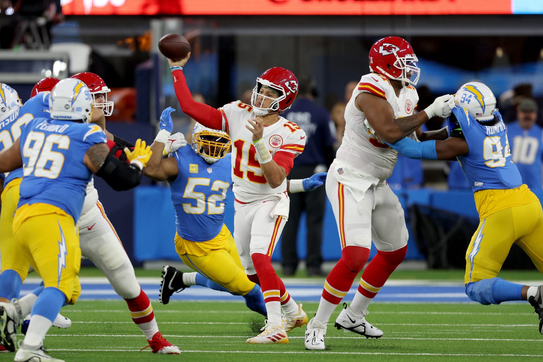 Kansas City Chiefs quarterback Patrick Mahomes attempts a pass during a contest against the Los Angeles Chargers. 
